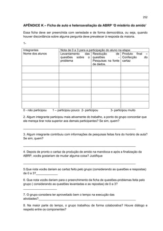 252
APÊNDICE K – Ficha de auto e heteroavaliação da ABRP ‘O mistério do amido’
Essa ficha deve ser preenchida com seriedade e de forma democrática, ou seja, quando
houver discordância sobre alguma pergunta deve prevalecer à resposta da maioria.
1-
Integrantes
Nome dos alunos
Nota de 0 a 3 para a participação do aluno na etapa:
Levantamento das
questões sobre o
problema
Resolução de
questões -
Pesquisas na fonte
de dados.
Produto final –
Confecção do
cartaz
0 - não participou 1 – participou pouco 2- participou 3- participou muito
2. Algum integrante participou mais ativamente do trabalho, a ponto do grupo concordar que
ele mereça tirar nota superior aos demais participantes? Se sim, quem?
___________________________________________________________________
3. Algum integrante contribuiu com informações de pesquisas feitas fora do horário de aula?
Se sim, quem?
___________________________________________________________________
4. Depois de pronto o cartaz da produção de amido na mandioca e após a finalização da
ABRP, vocês gostariam de mudar alguma coisa? Justifique
___________________________________________________________________
5.Que nota vocês dariam ao cartaz feito pelo grupo (considerando as questões e respostas)
de 0 a 3?_____________
6. Que nota vocês dariam para o preenchimento da ficha de questões-problemas feita pelo
grupo ( considerando as questões levantadas e as repostas) de 0 a 3?
____________________
7. O grupo considera ter aproveitado bem o tempo na execução das
atividades?__________________________________________________________
8. Na maior parte do tempo, o grupo trabalhou de forma colaborativa? Houve diálogo e
respeito entre os componentes?
 