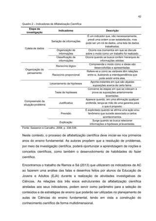 42
Quadro 2 – Indicadores de Alfabetização Científica
Etapa da
investigação
Indicadores Descrição
Coleta de dados
Seriação de informações
É um indicador que, não necessariamente,
prevê uma ordem a ser estabelecida, mas
pode ser um rol de dados, uma lista de dados
trabalhados.
Organização de
informações
Ocorre nos momentos em que se discute
sobre o modo como um trabalho foi realizado.
Classificação de
informações
Ocorre quando se busca conferir hierarquia às
informações obtidas.
Organização do
pensamento
Raciocínio lógico
Compreende o modo como a ideias são
desenvolvidas e apresentadas.
Raciocínio proporcional
Refere-se a como as variáveis têm relações
entre si, ilustrando a interdependência que
pode existir entre elas.
Compreensão da
situação-problema
Levantamento de hipóteses
Aponta instantes em que são alçadas
suposições acerca de certo tema.
Teste de hipóteses
Concerne às etapas em que se colocam à
prova as suposições anteriormente
levantadas.
Justificativa
Aparece quando, em uma afirmação qualquer
proferida, lança-se mão de uma garantia para
o que é proposto.
Previsão
É explicitado quando se afirma uma ação e/ou
fenômeno que sucede associado a certos
acontecimentos.
Explicação
Surge quando se busca relacionar
informações e hipóteses já levantadas.
Fonte: Sasseron e Carvalho, 2008, p. 338-339.
Neste contexto, o processo de alfabetização científica deve iniciar-se nos primeiros
anos do ensino fundamental. As autoras propõem que a resolução de problemas,
por meio da investigação científica, poderá oportunizar a aprendizagem de noções e
conceitos científicos, como também o desenvolvimento de habilidades do fazer
científico.
Encontramos o trabalho de Ramos e Sá (2013) que utilizaram os indicadores de AC
ao fazerem uma análise das falas e desenhos feitos por alunos da Educação de
Jovens e Adultos (EJA) durante a realização de atividades investigativas de
Ciências. As relações dos três eixos estruturantes da alfabetização científica
atreladas aos seus indicadores, podem servir como parâmetro para a seleção de
conteúdos e de estratégias de ensino que poderão ser utilizadas no planejamento de
aulas de Ciências do ensino fundamental, tendo em vista a construção do
conhecimento científico de forma multidimensional.
 