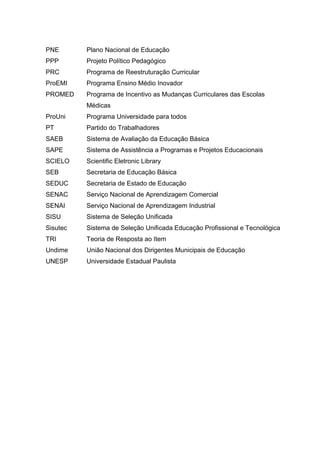 PNE Plano Nacional de Educação
PPP Projeto Político Pedagógico
PRC Programa de Reestruturação Curricular
ProEMI Programa Ensino Médio Inovador
PROMED Programa de Incentivo as Mudanças Curriculares das Escolas
Médicas
ProUni Programa Universidade para todos
PT Partido do Trabalhadores
SAEB Sistema de Avaliação da Educação Básica
SAPE Sistema de Assistência a Programas e Projetos Educacionais
SCIELO Scientific Eletronic Library
SEB Secretaria de Educação Básica
SEDUC Secretaria de Estado de Educação
SENAC Serviço Nacional de Aprendizagem Comercial
SENAI Serviço Nacional de Aprendizagem Industrial
SISU Sistema de Seleção Unificada
Sisutec Sistema de Seleção Unificada Educação Profissional e Tecnológica
TRI Teoria de Resposta ao Item
Undime União Nacional dos Dirigentes Municipais de Educação
UNESP Universidade Estadual Paulista
 