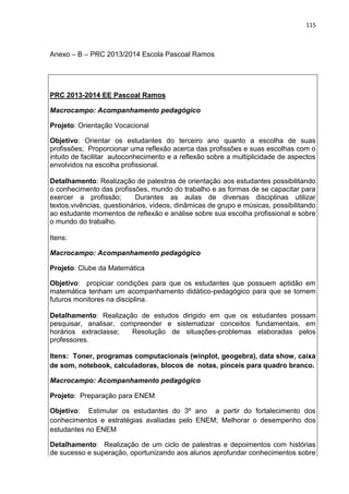 115
Anexo – B – PRC 2013/2014 Escola Pascoal Ramos
PRC 2013-2014 EE Pascoal Ramos
Macrocampo: Acompanhamento pedagógico
Projeto: Orientação Vocacional
Objetivo: Orientar os estudantes do terceiro ano quanto a escolha de suas
profissões; Proporcionar uma reflexão acerca das profissões e suas escolhas com o
intuito de facilitar autoconhecimento e a reflexão sobre a multiplicidade de aspectos
envolvidos na escolha profissional.
Detalhamento: Realização de palestras de orientação aos estudantes possibilitando
o conhecimento das profissões, mundo do trabalho e as formas de se capacitar para
exercer a profissão; Durantes as aulas de diversas disciplinas utilizar
textos,vivências, questionários, vídeos, dinâmicas de grupo e músicas, possibilitando
ao estudante momentos de reflexão e análise sobre sua escolha profissional e sobre
o mundo do trabalho.
Itens:
Macrocampo: Acompanhamento pedagógico
Projeto: Clube da Matemática
Objetivo: propiciar condições para que os estudantes que possuem aptidão em
matemática tenham um acompanhamento didático-pedagógico para que se tornem
futuros monitores na disciplina.
Detalhamento: Realização de estudos dirigido em que os estudantes possam
pesquisar, analisar, compreender e sistematizar conceitos fundamentais, em
horários extraclasse; Resolução de situações-problemas elaboradas pelos
professores.
Itens: Toner, programas computacionais (winplot, geogebra), data show, caixa
de som, notebook, calculadoras, blocos de notas, pinceis para quadro branco.
Macrocampo: Acompanhamento pedagógico
Projeto: Preparação para ENEM
Objetivo: Estimular os estudantes do 3º ano a partir do fortalecimento dos
conhecimentos e estratégias avaliadas pelo ENEM; Melhorar o desempenho dos
estudantes no ENEMde ensino, a
Detalhamento: Realização de um ciclo de palestras e depoimentos com histórias
de sucesso e superação, oportunizando aos alunos aprofundar conhecimentos sobre
 