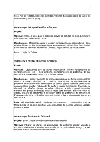 117
Itens: Kits de robótica, reagentes químicos, vidrarias, banquetas (para os alunos se
acomodarem), jalecos (p,m,g)
Macrocampo: Iniciação Científica e Pesquisa
Projeto:
Objetivo: Instigar o aluno para a pesquisa através de estudos de meio; Estimular e
valorizar as produções sociocultural.
Detalhamento: Realizar pesquisa in loco em pontos políticos e socioculturais ( Sesc
Arsenal, Museu do Rio, Museu da música, Museu da pré-história- Casa Dom Aquino,
Laboratório de Pesquisa e Ensino de Química, Departamento de Física, INEP)
Itens: Locação de ônibus,
Macrocampo: Iniciação Científica e Pesquisa
Projeto:
Objetivo: Objetivamos que os alunos desenvolvam atitudes responsáveis de
comprometimento com o meio ambiente, compreendendo os problemas da sua
comunidade e se envolvendo na busca de alternativas.
Detalhamento: Desenvolvimento de oficinas pedagógicas de forma interdisciplinar,
visando a contextualização dos conteúdos para ajudar na compreensão de
processos relacionados com a reciclagem de óleos e papéis coletados pelos alunos
na comunidade escolar; Fabricação de sabão e papéis decorativos; Promoção de
discussão e reflexões durante as aulas, utilizando a leitura, questionamentos,
trabalhos em grupos, dinâmicas; Visitas a lixões para analisar a situação do lixo na
cidade, levando os estudantes a discutirem sobre os problemas da comunidade;
Exposições de fotos produzidas pelos estudantes sobre a situação do lixo em as
comunidade.
Itens: Vidrarias de laboratório, cartolinas, placas de isopor, corante anilina, rolos de
fitilho, Sabão em pó, soda caustica, luvas látex, óleos de essência variadas, Locação
de ônibus, toner
Macrocampo: Participação Estudantil
Projeto: Saber Cuidar: Conservação do ambiente escolar
Objetivo: Integrar os alunos na preservação do ambiente escolar visando à
mudanças de hábitos e atitudes para a melhoria da qualidade do espaço por eles
utilizado; Formar cidadãos críticos e atuantes.
 