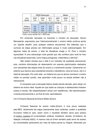 57
Ano
Brasil
IDEB Observado Metas
2007
3.5
2009
3.6
2011
3.7
2007
3.4
2009
3.5
2011
3.7
Dependência Administrativa
Pública
Estadual
Privada
3.2
3.2
5.6
3.4
3.4
5.6
3.4
3.4
5.7
3.1
3.1
5.6
3.2
3.2
5.7
3.4
3.3
5.8
Quadro 10: Avaliação da educação básica entre 2007 e 2011
Fonte: Censo escolar 2011, MEC/Inep.
Em entrevista veiculada na imprensa o ministro da educação, Aloizio
Mercadante, argumentou que “internacionalmente” o ensino médio continua sendo
um “grande desafio” para qualquer sistema educacional. Ele defendeu que o
currículo da etapa precisa ser reformulado porque é muito sobrecarregado. Em
algumas redes de ensino, o total de disciplinas chega a 19. Para o ministro
supracitado “é uma sobrecarga muito grande que não contribui para você ter foco
nas disciplinas essenciais, como língua portuguesa, matemática e ciências”.
Não restam dúvidas que o Ideb é um indicador de qualidade educacional,
pois, combina informações de desempenho em exames padronizados realizados
com estudantes das etapas finais do ensino e o rendimento escolar. Certamente um
sistema que reprova seus estudantes levando a desistência, como já houve, não é o
ideal de educação. Por outro lado, um sistema em que os alunos concluem o ensino
médio no período correto, mas aprendam muito pouco na escola também não é
interessante.
É necessário que a educação básica receba devida atenção, para atingir um
sistema de ensino ideal. Aquele em que todas as crianças e adolescentes tivessem
acesso à escola, não desperdiçassem tempo com repetências, não abandonassem
a escola precocemente e, ao final de tudo, aprendessem.
2.6.3 O Exame Nacional do Ensino Médio (Enem)
O Exame Nacional do ensino médio (Enem) é uma prova realizada
pelo MEC. Atualmente ela segue basicamente duas vertentes: avaliar a qualidade
do ensino médio no país, assim como o resultado também serve para acesso
ao ensino superior em universidades públicas brasileiras através do Sistema de
Seleção Unificada (SiSU). A mesma nota do Enem também pode servir de acesso
às universidades particulares por meio de bolsa parcial ou integral, oferecidas por
 