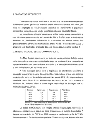 59
2.7 INICIATIVAS IMPORTANTES
Observando os dados verifica-se a necessidade de se estabelecer políticas
consistentes para a garantia do direito ao ensino médio de qualidade para todos, por
meio da ampliação da universalização gradativa de atendimento a população,
consoante a consolidação da função social desta etapa da Educação Básica.
No contexto dos diversos programas e ações, muitas vezes fragmentado, e
das iniciativas governamentais, se insere o ProEMI – ProEMI. Com a finalidade de
enfrentar as dificuldades conceituais e curriculares do ensino médio não
profissionalizante (97,9% das matrículas do ensino médio – Censo Escolar 2009). O
programa será detalhado e analisado, do ponto de visa documental no capítulo 4.
2.8 ENSINO MÉDIO NO ESTADO DO MATO GROSSO
Em Mato Grosso, assim como em todas as outras unidades da federação a
rede estadual é a maior responsável pela oferta de ensino médio e responde por
aproximadamente 89% das matrículas, enquanto, que a rede privada atende 8,4% e
a rede federal com 1,9% no ano de 2011.
A rede municipal, como prevê a legislação, de atendimento prioritário à
educação fundamental, a oferta do ensino médio nesta rede de ensino vem sofrendo
uma redução ao longo do período analisado. No ano de 2010 não houve nenhuma
matrícula nesta dependência administrativa no estado e em 2011 somente o
município de Querência voltou a ofertar vagas nesta etapa da educação com 62
matriculas (SEDUC, 2012).
Período Aprovação Reprovação Abandono
2007
2008
2009
2010
2011
73,3
71,2
72,6
71,6
70,3
8,8
9,4
11,6
17,2
18,2
17,9
19,4
15,8
11,2
11,5
Quadro 11: Taxas de aprovação, reprovação e abandono em MT.
Fonte: Censo escolar 2011, MEC/Inep.
Os dados do MEC/INEP, com relação a taxas de aprovação, reprovação e
abandono, mostram que o estado de Mato Grosso segue a maioria dos estados. A
taxa de aprovação foi de 70,3% em 2011 enquanto a média nacional foi de 77,4%.
Observa-se que o Estado teve uma queda de 3% em sua aprovação com relação a
 