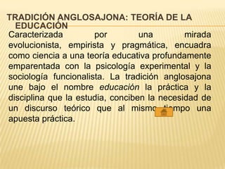 TRADICIÓN ANGLOSAJONA: TEORÍA DE LA
EDUCACIÓN
Caracterizada por una mirada
evolucionista, empirista y pragmática, encuadra
como ciencia a una teoría educativa profundamente
emparentada con la psicología experimental y la
sociología funcionalista. La tradición anglosajona
une bajo el nombre educación la práctica y la
disciplina que la estudia, conciben la necesidad de
un discurso teórico que al mismo tiempo una
apuesta práctica.
 