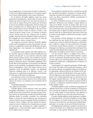 115
Capítulo 14 Órganos de los sentidos y la piel
vasos sanguíneos y se inicia el nervio óptico se llama dis-
co del nervio óptico (papila óptica); es un punto ciego y
en él no hay visión porque no hay conos ni bastones.
En el interior del bulbo (globo) ocular hay varias
estructuras transparentes; una de ellas es la lente (cris-
talino) que tiene el aspecto de una lente biconvexa, la
cual se une al cuerpo ciliar por la zónula, por tal motivo
a veces se le considera un ligamento. Entre la córnea y la
lente (cristalino) hay un espacio lleno de un líquido,
denominado humor acuoso, dividido en dos por el iris:
una cámara anterior (entre la córnea y el iris) y una
cámara posterior (entre el iris y la zónula); el humor
acuoso circula entre las dos cámaras por el oriﬁcio
pupilar. Atrás de la lente (cristalino) está la cavidad ocu-
lar ocupada por una sustancia parecida a la clara de
huevo: el humor vítreo o cuerpo vítreo.
Los órganos accesorios (anexos) del bulbo (globo)
ocular son los párpados, las cejas, las pestañas, las con-
juntivas, las glándulas tarsales (de Meibomio), las glán-
dulas lagrimales y los músculos (ya estudiados en el
capítulo 12).
Los párpados están adelante del bulbo (globo) ocu-
lar; son dos, superior e inferior, están formados por una
cubierta de piel por su cara anterior, músculo, tejido
ﬁbroso denso, lámina tarsal y una membrana mucosa,
llamada conjuntiva. La hendidura situada entre los pár-
pados se denomina ﬁsura o hendidura palpebral. En el
borde libre de los párpados se encuentran los folículos
pilosos con las pestañas, las glándulas sebáceas y sudo-
ríferas (sudoríparas). Cerca del borde interno de los
párpados están las glándulas tarsales: son glándulas
sebáceas complejas que, si se infectan, crecen y son
dolorosas; en condiciones normales lubrican los bordes
y evitan que se derramen las lágrimas.
La conjuntiva ocular es una mucosa delgada y trans-
parente que cubre la parte anterior de la esclera (escle-
rótica) y la córnea, y se continúa con la conjuntiva de los
párpados.
La glándula lagrimal se encuentra en la porción late-
ral y superior de la órbita.
El bulbo (globo) ocular funciona como una cámara
fotográﬁca automática, cuya forma es conservada por
medio de la esclera (esclerótica). Su túnica (capa) recep-
tora (retina) se mantiene por medio de nutrimentos que
difunden desde la coroidea (coroides). Los estímulos
llegan en forma de rayos luminosos que atraviesan la
córnea, el humor acuoso, la pupila, la lente (cristalino) y
el humor vítreo, y llegan a la retina donde los fotorre-
ceptores (conos y bastones) los transforman en impul-
sos nerviosos que atraviesan las células bipolares y
ganglionares, y salen del bulbo (globo) ocular por el
nervio óptico hacia el cerebro.
El iris regula la entrada de la luz; cuando hay mucha
luz, sus ﬁbras musculares circulares se contraen dismi-
nuyendo el tamaño de la pupila. Si hay poca luz, se con-
traen sus ﬁbras musculares radiales aumentando el
tamaño de la pupila.
La lente (cristalino) permite enfocar los objetos a
diferentes distancias; por ejemplo, cuando ﬁjamos la
vista en un objeto cercano, el cuerpo ciliar, que es un
anillo de músculo liso, se contrae y disminuye la tensión
de la zónula que hace más prominentes las curvaturas
de la lente, pues se aplana al relajarse el músculo y per-
mite la visión de un objeto lejano; cabe hacer notar que
la visión cercana implica contracción muscular y, por lo
mismo, “cansa”.
Una persona normal distingue los colores cuando
hay suﬁciente luz por medio de los conos; en cambio,
cuando casi no hay luz utiliza los bastones y sólo distin-
gue en blanco y negro. Los rayos luminosos convergen
en la fosita central (fóvea central) y, en consecuencia,
distinguen los objetos con claridad (ojo emétrope). Para
captar la profundidad de los objetos, es decir, la tercera
dimensión, las imágenes de las retinas se enciman.
Los dos nervios ópticos se dirigen hacia atrás, y
algunas de sus ﬁbras se cruzan al lado opuesto. A partir
de este cruzamiento, llamado quiasma óptico, se inicia
el tracto óptico (vía visual) que pasa a los colículos cua-
drigéminos (tubérculos cuadrigéminos), el tálamo y la
corteza cerebral.
Los párpados y la conjuntiva protegen al bulbo (glo-
bo) ocular del sudor, de las partículas extrañas y de la
luz intensa; además, los párpados esparcen las lágrimas.
Las glándulas sebáceas lubrican los bordes de los pár-
pados, y las tarsales (de Meibomio) evitan que se derra-
men las lágrimas; éstas bañan la parte anterior del ojo,
pasan a los canales lagrimales que se encuentran cerca
del ángulo medial (interno), y de allí al saco lagrimal,
una pequeña dilatación del conducto nasal que las lleva
a la nariz. Las lágrimas mantienen húmedo y limpio al
bulbo (globo) ocular.
Si el bulbo (globo) ocular se deforma alargándose de
adelante hacia atrás o la lente (cristalino) es más gruesa
de lo normal, las imágenes se forman delante de la reti-
na y la visión lejana se torna borrosa; este defecto, la
miopía, se soluciona con el uso de lentes bicóncavas.
Cuando el bulbo (globo) ocular disminuye su diáme-
tro anteroposterior o la lente (cristalino) es muy delga-
da, las imágenes se forman atrás de la retina y la visión
cercana se torna borrosa; esta alteración se llama hiper-
metropía y se corrige con el uso de lentes biconvexas.
El astigmatismo se produce cuando la curvatura de la
córnea o de la lente no es uniforme; los rayos luminosos
convergen en dos puntos diferentes de la retina y la
 