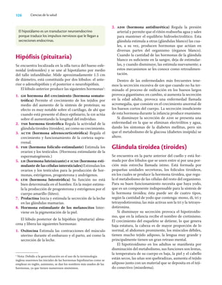 126 Ciencias de la salud
Hipófisis (pituitaria)
Se encuentra localizada en la silla turca del hueso esfe-
noidal (esfenoides) y se une al hipotálamo por medio
del tallo infundibular. Mide aproximadamente 1.5 cm
de diámetro, está constituida por dos lóbulos: el ante-
rior o adenohipóﬁsis y el posterior o neurohipóﬁsis.
El lóbulo anterior produce las siguientes hormonas1
:
1. gh hormona del crecimiento (hormona somato-
tróﬁca) Permite el crecimiento de los tejidos por
medio del aumento de la síntesis de proteínas; su
efecto es muy notable sobre el cartílago, de ahí que
cuando está presente el disco epiﬁsiario, la gh actúa
sobre él aumentando la longitud del individuo.
2. tsh hormona tirotróﬁca Regula la actividad de la
glándula tiroidea (tiroides), así como su crecimiento.
3. acth (hormona adrenocorticotróﬁca) Regula el
crecimiento y funcionamiento de la corteza supra-
rrenal.
4. fsh (hormona folículo-estimulante) Estimula los
ovarios y los testículos. (Hormona estimulante de la
espermatogénesis.)
5. lh (hormona luteinizante) e icsh (hormona esti-
mulante de las células intersticiales) Estimulan los
ovarios y los testículos para la producción de hor-
monas, estrógenos, progesterona y andrógenos.
6. lth (hormona luteotróﬁca) Su función no está
bien determinada en el hombre. En la mujer estimu-
la la producción de progesterona y estrógenos por el
cuerpo amarillo (lúteo).
7. Prolactina Inicia y estimula la secreción de la leche
en las glándulas mamarias.
8. Hormona estimulante de los melanocitos Inter-
viene en la pigmentación de la piel.
El lóbulo posterior de la hípóﬁsis (pituitaria) alma-
cena y libera las siguientes hormonas:
1. Oxitocina Estimula las contracciones del músculo
uterino durante el embarazo y el parto, así como la
secreción de la leche.
1
Nota: Debido a la generalización en el uso de la terminología
inglesa usaremos las iniciales de las hormonas hipoﬁsiarias como se
emplean en inglés, asimismo, se dan los nombres más usados de las
hormonas, ya que tienen numerosos sinónimos.
2. adh (hormona antidiurética) Regula la presión
arterial y permite que el riñón reabsorba agua y sales
para mantener el equilibrio hidroelectrolítico. Esta
glándula estimula a otras (glándulas blanco) las cua-
les, a su vez, producen hormonas que actúan en
diversas partes del organismo (órganos blanco).
Cuando la cantidad de las hormonas de la glándula
blanco es suﬁciente en la sangre, deja de estimular-
las, y cuando disminuye, las estimula nuevamente; a
estos mecanismos se les conoce como retroalimen-
tación.
Dentro de las enfermedades más frecuentes tene-
mos la secreción excesiva de gh que cuando no ha ter-
minado el proceso de osiﬁcación en los huesos largos
provoca gigantismo; en cambio, si aumenta la secreción
en la edad adulta, provoca una enfermedad llamada
acromegalia, que consiste en el crecimiento anormal de
los huesos cortos del cuerpo. La secreción insuﬁciente
de esta hormona durante la infancia produce enanismo.
Si disminuye la secreción de adh se presenta una
enfermedad en la que se eliminan electrólitos y agua,
dando los síntomas de la diabetes mellitus, pero sin
que el metabolismo de la glucosa (diabetes insípida) se
altere.
Glándula tiroidea (tiroides)
Se encuentra en la parte anterior del cuello y está for-
mada por dos lóbulos que se unen entre sí por una por-
ción más estrecha llamada istmo. Está formada por
pequeñas unidades secretoras, los folículos tiroideos,
en los cuales se produce la hormona tiroidea, que regu-
la el metabolismo de las células del resto del organismo.
Para su buen funcionamiento necesita que haya yodo,
que es un componente indispensable para la síntesis de
la hormona tiroidea; ésta puede ser de cuatro tipos,
según la cantidad de yodo que contenga: mono, di, tri y
tetrayodotironina; las más activas son la tri y la tetrayo-
dotironina.
Si disminuye su secreción provoca el hipotiroidis-
mo, que en la infancia recibe el nombre de cretinismo.
El crecimiento del esqueleto se detiene, lo que genera
baja estatura, la cabeza es de mayor proporción de lo
normal, el abdomen prominente, los músculos débiles,
tienen mucho tejido adiposo, la lengua muy grande y
principalmente tienen un gran retraso mental.
El hipotiroidismo en los adultos se maniﬁesta por
disminución del metabolismo, sus funciones son lentas,
la temperatura de su cuerpo es baja, la piel y el cabello
están secos, las uñas son quebradizas, aumenta el tejido
adiposo junto con un material que se deposita en el teji-
do conectivo (mixedema).
El hipotálamo es un transductor neuroendocrino
porque traduce los impulsos nerviosos que le llegan a
secreciones endocrinas.
 