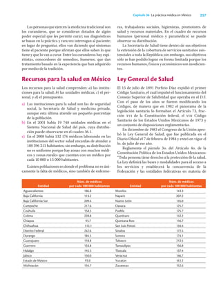 257
Capítulo 36 La práctica médica en México
Las personas que ejercen la medicina tradicional son
los curanderos, que se consideran dotados de algún
poder especial que les permite curar; sus diagnósticos
se basan en la práctica y rara vez interrogan al paciente;
en lugar de preguntar, ellos van diciendo qué síntomas
tiene el paciente porque aﬁrman que ellos saben lo que
tiene y que lo van a curar. Entre los curanderos hay espi-
ritistas, conocedores de remedios, hueseros, que dan
tratamiento basado en la experiencia que han adquirido
por medio de la tradición.
Recursos para la salud en México
Los recursos para la salud comprenden: a) las institu-
ciones para la salud; b) las unidades médicas; c) el per-
sonal, y d) el presupuesto.
a) Las instituciones para la salud son las de seguridad
social, la Secretaría de Salud y medicina privada,
aunque esta última atiende un pequeño porcentaje
de la población.
b) En el 2001 había 19 748 unidades médicas en el
Sistema Nacional de Salud del país, cuya distribu-
ción puede observarse en el cuadro 36.1.
c) En el 2008 había 132 176 médicos laborando en las
instituciones del sector salud encardas de atender a
108 396 211 habitantes; sin embargo, su distribución
no es uniforme porque hay zonas con muchos médi-
cos y zonas rurales que cuentan con un médico por
cada 10 000 o 15 000 habitantes.
Existen poblaciones en donde el problema no es úni-
camente la falta de médicos, sino también de enferme-
ras, trabajadoras sociales, higienistas, promotores de
salud y recursos materiales. En el cuadro de recursos
humanos (personal médico y paramédico) se puede
observar su distribución.
La Secretaría de Salud tiene dentro de sus objetivos
la extensión de la cobertura de servicios sanitarios asis-
tenciales a toda la República; sin embargo, sus objetivos
sólo se han podido lograr en forma limitada porque los
recursos humanos, físicos y económicos son insuﬁcien-
tes.
Ley General de Salud
El 15 de julio de 1891 Porﬁrio Díaz expidió el primer
Código Sanitario, el cual impulsó el funcionamiento del
Consejo Superior de Salubridad que operaba en el D.F.
Con el paso de los años se fueron modiﬁcando los
Códigos, de manera que en 1982 el panorama de la
legislación sanitaria lo formaban el Artículo 73, frac-
ción xvi de la Constitución federal, el viii Código
Sanitario de los Estados Unidos Mexicanos de 1973 y
un conjunto de disposiciones reglamentarias.
En diciembre de 1983 el Congreso de la Unión apro-
bó la Ley General de Salud, que fue publicada en el
Diario Oﬁcial el 7 de febrero de 1984 y entró en vigor el
lo. de julio de ese año.
Reglamenta el párrafo 3o. del Artículo 4o. de la
Constitución Política de los Estados Unidos Mexicanos:
“Toda persona tiene derecho a la protección de la salud.
La Ley deﬁnirá las bases y modalidades para el acceso a
los servicios y establecerá la concurrencia de la
Federación y las entidades federativas en materia de
Entidad
Núm. de médicos
por cada 100 000 habitantes Entidad
Núm. de médicos
por cada 100 000 habitantes
Aguascalientes 186.8 Morelos 143.3
Baja California 113.2 Nayarit 207.2
Baja California Sur 209.4 Nuevo León 135.0
Campeche 217.6 Oaxaca 125.7
Coahuila 158.5 Puebla 125.7
Colima 228.8 Querétaro 142.2
Chiapas 93.7 Quintana Roo 116.7
Chihuahua 112.1 San Luis Potosí 134.4
Distrito Federal 242.6 Sinaloa 172.5
Durango 184.5 Sonora 174.1
Guanajuato 118.8 Tabasco 212.5
Guerrero 133.8 Tamaulipas 156.8
Hidalgo 145.5 Tlaxcala 137.4
Jalisco 150.0 Veracruz 146.7
Estado de México 93.0 Yucatán 161.2
Michoacán 134.7 Zacatecas 152.6
 
