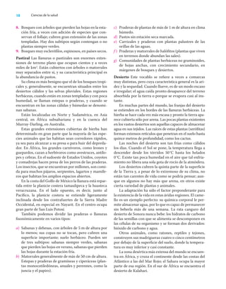 18 Ciencias de la salud
8. Bosques con árboles que pierden las hojas en la esta-
ción fría, a veces con adición de especies que con-
servan el follaje; cubren gran extensión de las zonas
templadas. Hay dos subtipos según contengan o no
plantas siempre verdes.
9. Bosques muy escleróﬁlos, espinosos, en países secos.
Pastizal Las llanuras o pastizales son enormes exten-
siones de terreno plano que ocupan cientos y a veces
miles de km2
. Están cubiertos con árboles o matorrales
muy separados entre sí, y su característica principal es
la abundancia de pastos.
Su clima es más benigno que el de los bosques tropi-
cales y, generalmente, se encuentran situados entre los
desiertos cálidos y las selvas pluviales. Estas regiones
herbáceas, cuando están en zonas templadas y con poca
humedad, se llaman estepas o praderas, y cuando se
encuentran en las zonas cálidas y húmedas se denomi-
nan sabanas.
Están localizadas en Norte y Sudamérica, en Asia
central, en África subsahariana y en la cuenca del
Murray-Darling, en Australia.
Estas grandes extensiones cubiertas de hierba han
determinado en gran parte que la mayoría de las espe-
cies animales que las habitan sean corredores rápidos,
ya sea para alcanzar a su presa o para huir del depreda-
dor. En África, los grandes carnívoros, como leones y
guepardos, cazan a herbívoros como avestruces, antílo-
pes y cebras. En el sudoeste de Estados Unidos, coyotes
y comadrejas hacen presa de los perros de las praderas.
Los insectos, que se encuentran por millones, son comi-
da para muchos pájaros, serpientes, lagartos y mamífe-
ros que habitan los amplios espacios abiertos.
En la costa del Golfo de México la llanura está repar-
tida entre la planicie costera tamaulipeca y la huasteca
veracruzana. En el lado opuesto, es decir, junto al
Pacíﬁco, la planicie costera se extiende ligeramente
inclinada desde los contrafuertes de la Sierra Madre
Occidental, en especial en Nayarit. En el centro ocupa
gran parte de San Luis Potosí.
También podemos dividir las praderas o llanuras
ﬁsonómicamente en varios tipos:
a) Sabanas y dehesas, con árboles de 5 m de altura por
lo menos; sus copas no se tocan, pero cubren una
superﬁcie importante; suelo herbáceo. Pueden ser
de tres subtipos: sabanas siempre verdes, sabanas
que pierden las hojas en verano, sabanas que pierden
las hojas durante la estación fría.
b) Matorrales generalmente de más de 50 cm de altura.
Estepas y praderas de gramíneas y ciperáceas (plan-
tas monocotiledóneas, anuales y perennes, como la
juncia y el papiro).
c) Praderas de plantas de más de 1 m de altura en clima
húmedo.
d) Pastos sin estación seca marcada.
e) Carrizales y praderas con plantas palustres de las
orillas de las aguas.
f ) Praderas y matorrales de halóﬁtos (plantas que viven
en terrenos donde abundan las sales).
g) Comunidades de plantas herbáceas no graminoides,
de hojas anchas, con crecimiento secundario, en
márgenes de bosques y desiertos.
Desierto Este vocablo se reﬁere a veces a comarcas
muy distintas, pero cuya característica general es la ari-
dez y la sequedad. Cuando llueve, es de un modo escaso
e irregular; el agua caída pronto desaparece del terreno
absorbida por la tierra o porque se evapora casi al ins-
tante.
En muchas partes del mundo, las franjas del desierto
se extienden en los bordes de las llanuras herbáceas. La
hierba se hace cada vez más escasa y pronto la tierra apa-
rece cubierta sólo por arena. Las pocas plantas existentes
en los vastos desiertos son aquellas capaces de almacenar
agua en sus tejidos. Las raíces de estas plantas (xeróﬁtas)
forman extensos retículos que penetran en el suelo hasta
quince metros de profundidad, como los cactus.
Las noches del desierto son tan frías como cálidos
los días. Cuando el Sol se pone, la temperatura llega a
descender desde los tórridos 50°C hasta los helados
0°C. Existe tan poca humedad en el aire que tal enfria-
miento no libera una sola gota de rocío de la atmósfera.
Los desiertos cubren la quinta parte de la superﬁcie
de la Tierra y, a pesar de lo extremoso de su clima, no
están tan carentes de vida como se podría pensar; aun-
que en algunos no hay más que arena, en otros existe
cierta variedad de plantas y animales.
La adaptación ha sido el factor preponderante para
la existencia de la vida en estas áridas regiones. El came-
llo es un ejemplo perfecto: su química corporal le per-
mite almacenar agua, por lo que es capaz de permanecer
sin beberla más de una semana. La rata canguro del
desierto de Sonora nunca bebe: los hidratos de carbono
de las semillas con que se alimenta se descomponen en
las células de su organismo y se forman dos derivados:
bióxido de carbono y agua.
Otros animales, como ratones, reptiles y tejones,
construyen sus madrigueras cuatro o cinco centímetros
por debajo de la superﬁcie del suelo, donde la tempera-
tura es muy inferior y casi constante.
La zona desértica más extensa del mundo se encuen-
tra en África, y cruza el continente desde las costas del
Atlántico a las del Mar Rojo; el Sahara ocupa la mayor
parte de esa región. En el sur de África se encuentra el
desierto de Kalahari.
 