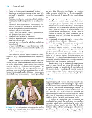 278 Ciencias de la salud
• Conserva el tono muscular y mejora la postura.
• Disminuye la tensión emocional, sobre todo si la
actividad es agradable y requiere concentración
mental.
• Mejora la coordinación neuromuscular y la agilidad.
• Mejora la fuerza de los ligamentos de las articulacio-
nes.
• Favorece el funcionamiento del corazón que, des-
pués de un ejercicio, satisface las necesidades de
sangre del organismo con menos esfuerzo.
• Mejora la capacidad respiratoria.
• Ayuda a la circulación de la sangre y previene cam-
bios degenerativos circulatorios.
• Evita la pérdida de calcio en los huesos.
• Mantiene la capacidad del organismo para afrontar
situaciones de urgencia.
• Aumenta la secreción de las glándulas sudoríferas
(sudoríparas).
• Ayuda al control del peso porque disminuye el tejido
adiposo y favorece la eliminación de los lípidos de la
sangre.
• Ayuda a dormir mejor.
Estos beneﬁcios mejoran la salud, aumentan la resis-
tencia a la fatiga y ayudan a soportar esfuerzos sosteni-
dos.
El ejercicio debe empezar a hacerse desde los prime-
ros días de vida, por ello los padres deben mover suave-
mente los miembros del recién nacido. Más adelante,
antes de practicarlo, el individuo debe someterse a un
examen médico para evitar que alguna alteración no
detectada se agrave o incluso ponga en peligro su vida.
Los ejercicios más adecuados deben dar a los músculos
elasticidad, poder de contracción y menor posibilidad
de fatiga. Hay diferentes tipos de ejercicio y, aunque
todos requieren agilidad, fuerza y destreza, se dividen
según el predominio de alguna de estas características
en:
1. De agilidad y destreza En ellos, después de un
calentamiento, se llevan a cabo movimientos combi-
nados para que el organismo tenga un desarrollo
armónico sin utilizar mucha energía, como la gim-
nasia sueca, que se practica sin aparatos; la gimnasia
rítmica, que se acompaña de música; la marcha; la
natación; el excursionismo; las carreras cortas; el
tenis (si se usan las dos manos para evitar que se
desarrolle más una extremidad que la otra), y la
equitación.
2. De agilidad, destreza y fuerza Por ejemplo, el bas-
quetbol, el futbol, el béisbol y el frontón.
3. De fuerza muscular En este caso, el levantamiento
de pesas, las paralelas, las barras y las argollas.
El ejercicio debe ser adecuado a la edad, el sexo, la
constitución física y el estado de salud. Los niños deben
practicar gimnasia sueca, rítmica y la marcha. Antes de
los 20 años son adecuados los ejercicios de velocidad;
de los 20 a los 30 años se puede practicar cualquier tipo
de ejercicio y al ir envejeciendo se recomiendan los de
resistencia, con un trabajo muscular de mediana o pro-
longada duración, pero de poca intensidad.
Si una persona tiene 30 años y comienza a practicar
ejercicio, debe hacerlo en forma sistematizada; por
ejemplo, empezar con la calistenia y la marcha durante
20 minutos diarios y cuando pueda caminar aprisa sin
sentirse mal, practicar el trote o la carrera lenta, aumen-
tando paulatinamente la distancia recorrida y la veloci-
dad.
Postura
La postura ésta es la posición o manera de mantener el
cuerpo durante las actividades o el reposo y que permi-
te el desarrollo de las capacidades del individuo. La pos-
tura correcta cuando nos ponemos de pie debe ser con
la cabeza erguida (pero no extendida), el abdomen pla-
no y la espalda recta. Si trazáramos una línea recta a lo
largo de nuestro cuerpo, ésta debería pasar por la base
de la oreja, la parte media del hombro, las articulacio-
nes de la cadera y la rodilla, y adelante del tobillo.
Al caminar, el cuerpo debe estar en esta posición,
desplazado ligeramente hacia adelante, los miembros
superiores se deben mover con soltura, las puntas de los
pies deben ir hacia adelante y, al pisar, el borde medial
(interno) del pie debe quedar despegado del suelo en su
porción central (en el caso de pie plano toda la planta
del pie queda en contacto con el suelo). El calzado es
Figura 39.1 La práctica de algún deporte o ejercicio beneficia
la salud de las personas; además, es fuente de bienestar pues con-
trarresta los efectos nocivos del estrés.
 