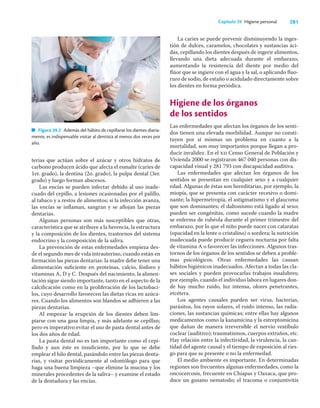 281
Capítulo 39 Higiene personal
terias que actúan sobre el azúcar y otros hidratos de
carbono producen ácido que afecta el esmalte (caries de
1er. grado), la dentina (2o. grado), la pulpa dental (3er.
grado) y luego forman abscesos.
Las encías se pueden infectar debido al uso inade-
cuado del cepillo, a lesiones ocasionadas por el palillo,
al tabaco y a restos de alimentos; si la infección avanza,
las encías se inﬂaman, sangran y se aﬂojan las piezas
dentarias.
Algunas personas son más susceptibles que otras,
característica que se atribuye a la herencia, la estructura
y la composición de los dientes, trastornos del sistema
endocrino y la composición de la saliva.
La prevención de estas enfermedades empieza des-
de el segundo mes de vida intrauterino, cuando están en
formación las piezas dentarias: la madre debe tener una
alimentación suﬁciente en proteínas, calcio, fósforo y
vitaminas A, D y C. Después del nacimiento, la alimen-
tación sigue siendo importante, tanto en el aspecto de la
calciﬁcación como en la proliferación de los lactobaci-
los, cuyo desarrollo favorecen las dietas ricas en azúca-
res. Cuando los alimentos son blandos se adhieren a las
piezas dentarias.
Al empezar la erupción de los dientes deben lim-
piarse con una gasa limpia, y más adelante se cepillan;
pero es imperativo evitar el uso de pasta dental antes de
los dos años de edad.
La pasta dental no es tan importante como el cepi-
llado y aun éste es insuﬁciente, por lo que se debe
emplear el hilo dental, pasándolo entre las piezas denta-
rias, y visitar periódicamente al odontólogo para que
haga una buena limpieza –que elimine la mucina y los
minerales procedentes de la saliva– y examine el estado
de la dentadura y las encías.
La caries se puede prevenir disminuyendo la inges-
tión de dulces, caramelos, chocolates y sustancias áci-
das, cepillando los dientes después de ingerir alimentos,
llevando una dieta adecuada durante el embarazo,
aumentando la resistencia del diente por medio del
ﬂúor que se ingiere con el agua y la sal, o aplicando ﬂuo-
ruro de sodio, de estaño o acidulado directamente sobre
los dientes en forma periódica.
Higiene de los órganos
de los sentidos
Las enfermedades que afectan los órganos de los senti-
dos tienen una elevada morbilidad. Aunque no consti-
tuyen por sí mismas un problema en cuanto a la
mortalidad, son muy importantes porque llegan a pro-
ducir invalidez. En el xii Censo General de Población y
Vivienda 2000 se registraron 467 040 personas con dis-
capacidad visual y 281 793 con discapacidad auditiva.
Las enfermedades que afectan los órganos de los
sentidos se presentan en cualquier sexo y a cualquier
edad. Algunas de éstas son hereditarias, por ejemplo, la
miopía, que se presenta con carácter recesivo o domi-
nante; la hipermetropía, el astigmatismo y el glaucoma
que son dominantes; el daltonismo está ligado al sexo;
pueden ser congénitas, como sucede cuando la madre
se enferma de rubéola durante el primer trimestre del
embarazo, por lo que el niño puede nacer con cataratas
(opacidad en la lente o cristalino) o sordera; la nutrición
inadecuada puede producir ceguera nocturna por falta
de vitamina A o favorecer las infecciones. Algunos tras-
tornos de los órganos de los sentidos se deben a proble-
mas psicológicos. Otras enfermedades las causan
hábitos higiénicos inadecuados. Afectan a todas las cla-
ses sociales y pueden provocarlas trabajos insalubres;
por ejemplo, cuando el individuo labora en lugares don-
de hay mucho ruido, luz intensa, olores penetrantes,
etcétera.
Los agentes causales pueden ser virus, bacterias,
parásitos, los rayos solares, el ruido intenso, las radia-
ciones, las sustancias químicas; entre ellas hay algunos
medicamentos como la kanamicina y la estreptomicina
que dañan de manera irreversible el nervio vestíbulo
coclear (auditivo); traumatismos, cuerpos extraños, etc.
Hay relación entre la infectividad, la virulencia, la can-
tidad del agente causal y el tiempo de exposición al ries-
go para que se presente o no la enfermedad.
El medio ambiente es importante. En determinadas
regiones son frecuentes algunas enfermedades, como la
oncocercosis, frecuente en Chiapas y Oaxaca, que pro-
duce un gusano nematodo; el tracoma o conjuntivitis
Figura 39.2 Además del hábito de cepillarse los dientes diaria-
mente, es indispensable visitar al dentista al menos dos veces por
año.
 