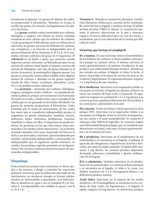 284 Ciencias de la salud
transforma en glucosa. Un gramo de hidrato de carbo-
no proporciona 4 kilocalorías. Abundan en el pan, la
tortilla, las pastas, los cereales, las leguminosas, los dul-
ces y las frutas.
Las grasas también están constituidas por carbono,
hidrógeno y oxígeno, este último en menor cantidad;
suministran más calorías que los hidratos de carbono:
1 g de grasa aporta 9 kilocalorías, pero su utilización es
más lenta; las grasas, tal como los hidratos de carbono,
son energéticas y su función es indispensable para el
aprovechamiento de las vitaminas A, D, E y K. Si se acu-
mulan, forman colchones de grasa en el organismo. El
colesterol es un lípido o grasa que aumenta cuando
ingerimos grasas saturadas, así llamadas porque en sus
átomos de carbono están ﬁjados el número máximo de
átomos de hidrógeno; este tipo de grasas abunda en el
tocino, la manteca, la mantequilla y algunos quesos. Las
grasas no saturadas tienen enlaces dobles entre algunos
átomos de carbono y abundan en las grasas vegetales
(aceite de oliva, linaza, cacahuate, almendras, cacao,
etc.) y no producen tanto colesterol.
Las proteínas —formadas por carbono, hidrógeno,
oxígeno, nitrógeno, azufre y fósforo— se consideran ali-
mentos plásticos porque son necesarias en la formación
de tejido en el niño y adolescente y para reemplazar las
células que se van gastando en los tejidos del adulto. Un
gramo de proteína proporciona 4 kilocalorías. Están
formadas por la unión de aminoácidos, de los cuales
hay nueve que se consideran indispensables porque el
organismo no puede sintetizarlos: histidina, leucina,
isoleucina, lisina, metionina, fenilalanina, treonina,
triptófano y valina; sin ellos, el organismo no puede sin-
tetizar las proteínas en las que intervienen estos ami-
noácidos y los tejidos sufren alteraciones. Las proteínas
animales abundan en la carne, el pescado, los huevos, la
leche y sus derivados; e incluyen, aproximadamente por
mitades, aminoácidos indispensables y aminoácidos no
indispensables que el organismo puede sintetizar; en
cambio, las proteínas vegetales presentes en las legumi-
nosas y los cereales contienen una tercera parte de ami-
noácidos indispensables.
Vitaminas
Estas sustancias actúan como coenzimas; es decir, ayu-
dan a las enzimas a dirigir y controlar las reacciones
químicas necesarias para la utilización adecuada de los
nutrimentos, no producen energía ni forman tejidos.
Pueden ser hidrosolubles y liposolubles. Las hidrosolu-
bles se disuelven en agua y son el complejo B y la vita-
mina C. Las liposolubles son solubles en grasa y son la
A, D, E y K.
Vitamina A Abunda en zanahorias, jitomates, remola-
chas, duraznos, chabacanos, camotes, leche, mantequi-
lla, yema de huevo, hígado y verduras de hoja. El adulto
normal necesita 5 000 U.I. diarias. La carencia de vita-
mina A provoca alteraciones en la piel y mucosas;
ceguera nocturna (diﬁcultad para ver con luz tenue) y
xeroftalmia, que es una alteración de la córnea que diﬁ-
culta la visión.
Vitaminas que forman el complejo B
B1 o tiamina Es una coenzima vital en el metabolismo
de los hidratos de carbono; se llama también antineurí-
tica porque su carencia afecta el sistema nervioso, el
tracto gastrointestinal y el sistema circulatorio, lo que
produce una enfermedad llamada beriberi. Abunda en
los cereales sin reﬁnar, el hígado, el riñón, la leche, el
huevo, el pescado, la levadura de cerveza, las nueces, las
verduras y leguminosas. El organismo humano requiere
1 a 2 mg diarios de esta vitamina.
B2 o riboﬂavina Interviene en la respiración celular, se
encuentra en la leche, el hígado, los riñones, el huevo, la
carne, las verduras de hoja verde y el pescado. El orga-
nismo la requiere en cantidad de 1.5 a 2 mg diarios y su
carencia provoca queilosis (descamación de los labios y
las comisuras) y alteraciones en la piel.
B5 o niacina Ácido nicotínico o factor preventivo de la
pelagra (P.P.). Interviene en la respiración celular y se
encuentra en el hígado, el huevo, la leche, las legumino-
sas, las carnes y el maíz nixtamalizado. Se requieren 9
meq por cada 1000 kcal ingeridas. Su carencia origina
una enfermedad llamada pelagra, que se maniﬁesta por
alteraciones en la piel y mucosas, el tracto gastrointesti-
nal y en el sistema nervioso.
B6 o piridoxina Interviene en el metabolismo de los
aminoácidos y se encuentra en el hígado, el plátano, el
aguacate, las oleaginosas y leguminosas, la leche y deri-
vados, así como en tejidos animales. El adulto debe con-
sumir 2 mg diarios. Su carencia produce depresión,
dermatitis seborreica, irritabilidad y glositis (inﬂama-
ción de la lengua).
B12 o cobalamina También interviene en el metabo-
lismo de los aminoácidos. La sintetiza la ﬂora intestinal
y se encuentra en el hígado, el riñón y la carne. Los
adultos requieren de 5 a 6 microgramos diarios y su
deﬁciencia produce anemia.
Ácido fólico Interviene en la síntesis de los ácidos
nucleicos y de la hemoglobina; se encuentra en las ver-
duras de hoja verde, las leguminosas y el hígado; el
adulto requiere 0.4 mg diarios. Su deﬁciencia produce
 