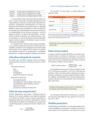 291
Capítulo 40 Nutrición y problemas de la nutrición
Grado III Cuando existe un sobrepeso de 51 a 75%.
Grado IV Cuando existe un sobrepeso de 76 a 100%.
Grado V Cuando existe un sobrepaso mayor de 100%.
A mayor grado existe más desarrollo del tejido adi-
poso y menor desarrollo muscular, disminución de la
capacidad para el ejercicio, puede haber diﬁcultad res-
piratoria, constipación (estreñimiento), así como dis-
minución de la resistencia a las infecciones. La obesidad
también expone más al individuo a sufrir accidentes y
se relaciona con enfermedades como la arteriosclerosis,
las enfermedades de las arterias coronarias –como la
angina de pecho y el infarto del miocardio–, la hiper-
tensión arterial, la diabetes, los cálculos biliares, vári-
ces, pie plano y con la caries dental cuando el individuo
ingiere muchos azúcares; ﬁnalmente, acorta la vida y
aumenta la mortalidad.
La obesidad tiene además repercusiones psicológi-
cas y sociales, porque las personas se vuelven más sus-
ceptibles, retraídas, tienen sentimientos de inferioridad
relacionados con su aspecto físico, porque no pueden
usar prendas atractivas ni incorporarse a actividades
deportivas o, en algunos empleos, enfrentan el rechazo.
Indicadores del grado de nutrición
Son datos que permiten suponer cuál es el balance
nutrimental de una persona. Pueden ser directos e indi-
rectos.
Indicadores directos:
peso
estatura
hemoglobina
proporción de grasa corporal
Indicadores indirectos:
mortalidad infantil
mortalidad por enfermedades infecciosas
mortalidad por enfermedades crónicas
ingreso per cápita
encuesta de consumo de alimentos
Índice de masa corporal (imc)
Permite diagnosticar peso bajo o sobrepeso para la
estatura. Se le conoce también como índice de Quetelet
y se obtiene al dividir el peso corporal expresado en
kilogramos (kg) entre la estatura expresada en metros
(m) elevada al cuadrado. Por ejemplo, para una persona
con 60.25 kg de peso y estatura de 1.65 m, el índice es de
22.12.
imc =
Peso (kg)
(estatura (m))2
De acuerdo con estos datos se puede elaborar la
siguiente tabla:
Grado Índice de masa corporal
Sobrepeso
III 40.00
II 30-39.99
I 25-29.99
Normal 18.5-24.99
Desnutrición
I 17.00-18.49
II 16.99-16.00
III  16.00
Fuente: oms. El estado físico: interpretación de la antropometría. Informe
de un comité de expertos de la oms, Ginebra. Organización Mundial de la
Salud. Serie de Informes Técnicos 854, 1995.
El índice de masa corporal (imc) normal debe ser de
18.5 a 24.99.
El índice cintura/cadera normal es de 0.71 a 0.84 para
las mujeres y de 0.78 a 0.93 para los hombres.
Índice cintura/cadera
La grasa corporal se puede distribuir en la parte supe-
rior del tronco (en forma de manzana) o en la parte
inferior, predominantemente en la cadera (en forma de
pera). Para conocer la distribución de la grasa corporal
se determina el índice cintura/cadera:
Índice cintura/cadera =
cintura (cm)
cadera (cm)
× 100
En la población mexicana, las cifras normales son de
0.71 a 0.84 para las mujeres, y de 0.78 a 0.93 para los
hombres. Cifras más altas indican distribución androi-
de, que se relaciona con mayor riesgo de padecer diabe-
tes mellitus, enfermedades del corazón, hipertensión
arterial, cálculos en la vesícula biliar, cáncer de mama y
gota, entre otros.
En el Instituto Nacional de la Nutrición se conside-
ran los pesos adecuados los que aparecen en los cua-
dros 40.1 y 40.2.
Medidas preventivas
Se debe educar al individuo y, si se descubre alguna alte-
ración metabólica, es necesario corregirla; en cuanto al
valor nutritivo de los alimentos, con mucha frecuencia
 