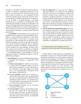300 Ciencias de la salud
sociedad. 2. La familia es la inﬂuencia predominante en
el niño, las primeras impresiones provienen de los
padres y, en consecuencia, la valoración de uno u otro
sexo, el trato, la actitud, etc., van a depender de estos
contactos iniciales; tanto el potencial como las conse-
cuencias del factor familiar repercuten en el adolescen-
te y en el adulto. 3. El papel femenino o masculino
establecido por la sociedad está modiﬁcándose conti-
nuamente; por ejemplo, la forma de comportarse o de
vestir se está reajustando todo el tiempo, por lo que son
necesarias modiﬁcaciones en cuanto a la actitud que se
tiene en relación con el sexo, lo cual con frecuencia aca-
rrea tensiones y desajustes, en especial entre diferentes
generaciones.
La sexualidad se puede deﬁnir como el conjunto de
manifestaciones y expresiones de tipo biológico, psico-
lógicas y socioculturales que diferencia a cada indivi-
duo como hombre y como mujer en su grupo social,
que poseen en cada momento de su evolución y desa-
rrollo, que impregna y penetra lo más íntimo de la per-
sona, que por lo mismo comprende, abarca, difunde y
se proyecta en todas las actividades y el comportamien-
to de la existencia de cada individuo. Se inicia con la
vida, termina con la muerte y constituye un elemento
muy importante para el desarrollo de la personalidad.
La sexualidad implica el sexo biológico, el sexo de
asignación (social) y la identidad de género o sexo de
identidad (psicológico).
1. Sexo biológico Es la suma total del perﬁl genotípico
y fenotípico del individuo, y comprende varios
aspectos:
a) El sexo cromosómico Se establece en el momen-
to mismo de la fecundación cuando el óvulo se
une al espermatozoide X o Y, si el espermatozoi-
de X fecunda al óvulo dará origen a una mujer
XX y si el espermatozoide Y fecunda al óvulo
dará origen a un hombre XY.
b) El sexo gonadal Depende de la presencia o
ausencia del cromosoma Y, que es indispensable
para que la gónada primitiva se diferencie hacia
el testículo a partir de la 6a. a 7a. semanas de la
vida embrionaria; si hay ausencia de cromosoma
Y se desarrollarán gónadas femeninas.
c) Sexo hormonal Depende de las hormonas
sexuales predominantes.
d) Sexo fenotípico Empieza a desarrollarse alrede-
dor de la 8a. semana de la vida embrionaria.
Cuando existen testículos, se producen hormo-
nas masculinas que desarrollarán un organismo
masculino pero, si están ausentes, se desarrollará
un organismo femenino.
2. Sexo de asignación Es el sexo que se le asigna al
niño, generalmente de acuerdo con sus genitales
externos y con base en las actitudes y conductas de
los que lo rodean, lo que condiciona a su vez en él
actitudes y conductas esperadas. La cultura va mol-
deando al individuo desde que nace acerca de lo que
es adecuado en el comportamiento como hombre y
como mujer, va determinando la manera en que se
debe educar al niño, por lo que el concepto de mas-
culinidad o de feminidad depende del grupo socio-
cultural.
3. Sexo de identidad o identidad de género Es la ínti-
ma conciencia, convicción y sentimiento de perte-
necer a determinado sexo, que se desarrolla a través
de la incorporación de vivencias psíquicas y emocio-
nales. Por lo general se obtiene entre los dos y tres
años de edad. La actitud de conducta sexual es la
actividad con reconocimiento de masculinidad o
feminidad, acompañada de actividad sexual física.
La sexualidad implica el sexo biológico, el sexo de
asignación y el sexo de identidad o identidad de género.
Eusebio Rubio Aurioles propone conceptualizar la
sexualidad con base en la Teoría del Sistema General,
utilizando el modelo de los cuatro holones sexuales: la
reproductividad, el género, el erotismo y la vinculación
afectiva. Estas potencialidades se reﬁeren a la capacidad
de procrear, pertenecer a una especie dimórﬁca, experi-
mentar placer físico durante la respuesta sexual y desa-
rrollar vínculos afectivos con otras personas. Cada
holón es parte de un sistema, por lo que se encuentra en
interacción con los demás, pero constituye a su vez un
sistema.
R Reproductividad
G Género
E Erotismo
VA Vinculación afectiva
R
E
G
VA
 