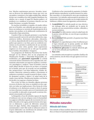 311
Capítulo 42 Educación sexual
tera. Muchos matrimonios precoces, forzados, termi-
nan en divorcio; los adolescentes tienen que vivir con
sus padres y someterse a las reglas establecidas, además
de que van a modiﬁcar los roles (papeles) familiares: los
abuelos van a asumir el papel de abuelos-padres y el
producto va a establecer su primera relación con una
madre-hermana y un padre-hermano.
En muchas sociedades se repudia a la madre soltera
pero no al hombre, aun sabiendo que para que se pro-
duzca un embarazo se necesita de la participación de la
pareja; esto produce en la adolescente sentimientos de
minusvalía y baja autoestima.
Cuando el hijo no deseado pertenece a una familia
numerosa puede carecer de nutrición, habitación, ropa,
asistencia médica, diversiones adecuadas, educación,
y/o afecto, dependiendo del nivel socioeconómico. Hay
padres que quieren a sus hijos, pero su condición eco-
nómica no les permite la satisfacción de sus necesida-
des básicas; estos niños pueden tener experiencias
negativas en el transcurso de su vida que los pueden
hacer hostiles, desconﬁados e inseguros.
Los programas de Medicina Preventiva han hecho
hincapié en los últimos años en los programas de
Planiﬁcación Familiar y Paternidad Responsable, en-
tendiéndose por paternidad responsable la actitud
consciente frente al fenómeno de la reproducción, ínti-
mamente relacionada con aspectos jurídicos, económi-
cos, psicológicos y médicos. Tanto el hombre como la
mujer deben decidir el futuro de sus hijos y el tamaño
de su familia, para que, de acuerdo con sus posibilida-
des, proporcionen a sus hijos habitación, vestido, ali-
mentos, educación, asistencia médica y diversiones; el
embarazo se produce cuando la pareja lo desea, evitan-
do desajustes sociales y daños a la salud tanto de la
madre como del hijo. Planiﬁcación familiar es el hecho
de decidir si se espacian o limitan los hijos.
Para evitar los hijos no deseados algunas personas
recurren al aborto; este tema se estudiará en otro capí-
tulo con todas sus implicaciones. Otra forma de evitar
el embarazo es la abstinencia sexual; es decir, la pareja
no tiene relaciones sexuales, pero en el matrimonio esto
no es posible ni adecuado ya que puede ocasionar des-
ajustes emocionales en la pareja.
La búsqueda y el uso de métodos capaces de impedir
el embarazo son casi tan antiguos como la humanidad.
Los egipcios utilizaban tapones de excremento de coco-
drilo colocados en la vagina; posteriormente estos tapo-
nes se elaboraron a partir de diferentes sustancias:
trozos de algas, hierbas, telas empapadas con aceites
aromatizantes o miel. Más tarde se utilizaron vainas en
el pene elaboradas con membranas de animales como
vejigas o fragmentos de intestino, etc.
Conforme se fue conociendo la anatomía y la ﬁsiolo-
gía del sistema reproductor se perfeccionaron los méto-
dos conocidos y se descubrieron otros que actualmente
conocemos. Los métodos anticonceptivos permiten a la
pareja tener relaciones sexuales con un riesgo mínimo de
embarazo y deben reunir las siguientes características:
1. Aceptabilidad Un método puede ser muy efectivo;
sin embargo debe ser aceptado por la pareja de
acuerdo con sus características raciales, culturales y
socioeconómicas.
2. Inocuidad No debe atentar contra la salud tanto de
la pareja como del hijo, en caso de que se produzca
el embarazo.
3. Reversibilidad Debe permitir a la pareja tener hijos
cuando lo desee.
4. Eﬁcacia Es la capacidad para evitar el embarazo por
el lapso deseado por la pareja; pueden ser desde
temporales hasta deﬁnitivos e irreversibles.
5. Facilidad de aplicación Un método difícil de apli-
car no sería utilizado por la población.
6. Bajo costo
Los métodos anticonceptivos se pueden clasiﬁcar de
varias maneras, una de éstas es la que aparece en el cua-
dro 42.1.
Cuadro 42.1 Métodos anticonceptivos.
I. Temporales
Métodos naturales
Ritmo
Temperatura basal
Método de Billings
Lactancia
Métodos
mecánicos
Preservativos o con-
dones
Diafragmas
Dispositivos
intrauterinos
Barreras químicas Óvulos, espumas,
etc.
Métodos
hormonales
II. Definitivos o
quirúrgicos
Salpingoclasia
Vasectomia
III. Otros
Coitus interruptus
Ducha vaginal
Métodos naturales
Método del ritmo
Este método se llama también abstinencia sexual perió-
dica y se basa en el principio de que en condiciones nor-
 