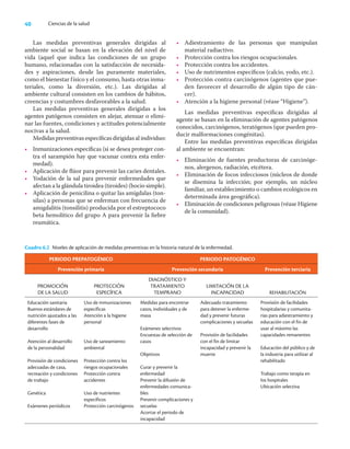 40 Ciencias de la salud
Las medidas preventivas generales dirigidas al
ambiente social se basan en la elevación del nivel de
vida (aquel que indica las condiciones de un grupo
humano, relacionadas con la satisfacción de necesida-
des y aspiraciones, desde las puramente materiales,
como el bienestar físico y el consumo, hasta otras inma-
teriales, como la diversión, etc.). Las dirigidas al
ambiente cultural consisten en los cambios de hábitos,
creencias y costumbres desfavorables a la salud.
Las medidas preventivas generales dirigidas a los
agentes patógenos consisten en alejar, atenuar o elimi-
nar las fuentes, condiciones y actitudes potencialmente
nocivas a la salud.
Medidas preventivas especíﬁcas dirigidas al individuo:
• Inmunizaciones especíﬁcas (si se desea proteger con-
tra el sarampión hay que vacunar contra esta enfer-
medad).
• Aplicación de ﬂúor para prevenir las caries dentales.
• Yodación de la sal para prevenir enfermedades que
afectan a la glándula tiroidea (tiroides) (bocio simple).
• Aplicación de penicilina o quitar las amígdalas (ton-
silas) a personas que se enferman con frecuencia de
amigdalitis (tonsilitis) producida por el estreptococo
beta hemolítico del grupo A para prevenir la ﬁebre
reumática.
• Adiestramiento de las personas que manipulan
material radiactivo.
• Protección contra los riesgos ocupacionales.
• Protección contra los accidentes.
• Uso de nutrimentos especíﬁcos (calcio, yodo, etc.).
• Protección contra carcinógenos (agentes que pue-
den favorecer el desarrollo de algún tipo de cán-
cer).
• Atención a la higiene personal (véase “Higiene”).
Las medidas preventivas especíﬁcas dirigidas al
agente se basan en la eliminación de agentes patógenos
conocidos, carcinógenos, teratógenos (que pueden pro-
ducir malformaciones congénitas).
Entre las medidas preventivas especíﬁcas dirigidas
al ambiente se encuentran:
• Eliminación de fuentes productoras de carcinóge-
nos, alergenos, radiación, etcétera.
• Eliminación de focos infecciosos (núcleos de donde
se disemina la infección; por ejemplo, un núcleo
familiar, un establecimiento o cambios ecológicos en
determinada área geográﬁca).
• Eliminación de condiciones peligrosas (véase Higiene
de la comunidad).
Cuadro 6.2 Niveles de aplicación de medidas preventivas en la historia natural de la enfermedad.
PERIODO PREPATOGÉNICO PERIODO PATOGÉNICO
Prevención primaria Prevención secundaria Prevención terciaria
PROMOCIÓN
DE LA SALUD
PROTECCIÓN
ESPECÍFICA
DIAGNÓSTICO Y
TRATAMIENTO
TEMPRANO
LIMITACIÓN DE LA
INCAPACIDAD REHABILITACIÓN
Educación sanitaria
Buenos estándares de
nutrición ajustados a las
diferentes fases de
desarrollo
Atención al desarrollo
de la personalidad
Provisión de condiciones
adecuadas de casa,
recreación y condiciones
de trabajo
Genética
Exámenes periódicos
Uso de inmunizaciones
específicas
Atención a la higiene
personal
Uso de saneamiento
ambiental
Protección contra los
riesgos ocupacionales
Protección contra
accidentes
Uso de nutrientes
específicos
Protección carcinógenos
Medidas para encontrar
casos, individuales y de
masa
Exámenes selectivos
Encuestas de selección de
casos
Objetivos
Curar y prevenir la
enfermedad
Prevenir la difusión de
enfermedades comunica-
bles
Prevenir complicaciones y
secuelas
Acortar el periodo de
incapacidad
Adecuado tratamiento
para detener la enferme-
dad y prevenir futuras
complicaciones y secuelas
Provisión de facilidades
con el fin de limitar
incapacidad y prevenir la
muerte
Provisión de facilidades
hospitalarias y comunita-
rias para adiestramiento y
educación con el fin de
usar al máximo las
capacidades remanentes
Educación del público y de
la industria para utilizar al
rehabilitado
Trabajo como terapia en
los hospitales
Ubicación selectiva
 