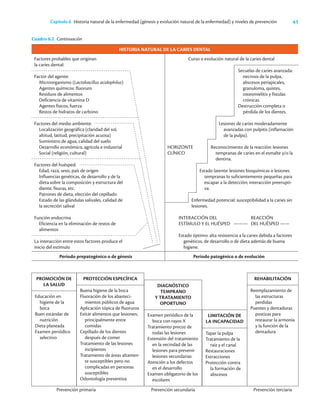 41
Capítulo 6 Historia natural de la enfermedad (génesis y evolución natural de la enfermedad) y niveles de prevención
Cuadro 6.2 Continuación
HISTORIA NATURAL DE LA CARIES DENTAL
Factores probables que originan
la caries dental:
Factor del agente:
Microorganismo (Lactobacillus acidophilus)
Agentes químicos: fluoruro
Residuos de alimentos
Deficiencia de vitamina D
Agentes físicos, fuerza
Restos de hidratos de carbono
Factores del medio ambiente:
Localización geográfica (claridad del sol,
altitud, latitud, precipitación acuosa)
Suministro de agua, calidad del suelo
Desarrollo económico, agrícola e industrial
Social (religión, cultural)
Factores del huésped:
Edad, raza, sexo, país de origen
Influencias genéticas, de desarrollo y de la
dieta sobre la composición y estructura del
diente, fisuras, etc.
Patrones de dieta, elección del cepillado
Estado de las glándulas salivales, calidad de
la secreción salival
Función endocrina
Eficiencia en la eliminación de restos de
alimentos
La interacción entre estos factores produce el
inicio del estímulo
Curso o evolución natural de la caries dental
Secuelas de caries avanzada:
necrosis de la pulpa,
abscesos periapicales,
granuloma, quistes,
osteomielitis y fístulas
crónicas.
Destrucción completa o
pérdida de los dientes.
Lesiones de caries moderadamente
avanzadas con pulpitis (inflamación
de la pulpa).
HORIZONTE Reconocimiento de la reacción: lesiones
CLÍNICO tempranas de caries en el esmalte y/o la
dentina.
Estado latente: lesiones bioquímicas o lesiones
tempranas lo suficientemente pequeñas para
escapar a la detección; interacción preerupti-
va.
Enfermedad potencial: susceptibilidad a la caries sin
lesiones.
INTERACCIÓN DEL REACCIÓN
ESTÍMULO Y EL HUÉSPED ——— DEL HUÉSPED ——
Estado óptimo: alta resistencia a la caries debida a factores
genéticos, de desarrollo o de dieta además de buena
higiene.
Periodo prepatogénico o de génesis Periodo patogénico o de evolución
PROMOCIÓN DE
LA SALUD
Educación en
higiene de la
boca
Buen estándar de
nutrición
Dieta planeada
Examen periódico
selectivo
PROTECCIÓN ESPECÍFICA
Buena higiene de la boca
Fluoración de los abasteci-
mientos públicos de agua
Aplicación tópica de fluoruros
Evitar alimentos que lesionen,
principalmente entre
comidas
Cepillado de los dientes
después de comer
Tratamiento de las lesiones
incipientes
Tratamiento de áreas altamen-
te susceptibles pero no
complicadas en personas
susceptibles
Odontología preventiva
DIAGNÓSTICO
TEMPRANO
Y TRATAMIENTO
OPORTUNO
Examen periódico de la
boca con rayos X
Tratamiento precoz de
todas las lesiones
Extensión del tratamiento
en la vecindad de las
lesiones para prevenir
lesiones secundarias
Atención a los defectos
en el desarrollo
Examen obligatorio de los
escolares
LIMITACIÓN DE
LA INCAPACIDAD
Tapar la pulpa
Tratamiento de la
raíz y el canal
Restauraciones
Extracciones
Protección contra
la formación de
abscesos
REHABILITACIÓN
Reemplazamiento de
las estructuras
perdidas
Puentes y dentaduras
postizas para
restaurar la armonía
y la función de la
dentadura
Prevención primaria Prevención secundaria Prevención terciaria
 