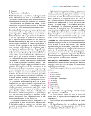 55
Capítulo 9 Anatomía y ﬁsiología: introducción
3. Nucléolo
4. Jugo nuclear o nucleoplasma
Membrana nuclear La membrana nuclear presenta la
misma estructura que el resto de las membranas de la
célula, con la diferencia de que posee numerosos oriﬁcios
llamados poros nucleares que permiten una comunica-
ción relativamente libre y fácil entre el núcleo y el cito-
plasma. Esta membrana desaparece como tal al iniciarse
la mitosis para volverse a formar cuando ésta termina.
Cromatina Está formada por el material genético que
puede estar enrollado o desenrollado en mayor o menor
grado, dependiendo del tipo de célula de que se trate y
del momento de la vida en que se encuentre dicha célu-
la. Por ello, hay dos tipos de cromatina: la eucromatina,
que es la porción genéticamente activa, y la heterocro-
matina, que constituye las porciones no funcionales del
material genético en forma de gránulos o partículas, a
veces tan densas y compactas que impiden distinguir
otras partes del núcleo. Durante la interfase, el dna, o
sea, el material genético, se duplica, y durante la mito-
sis y división celular se condensa formando pequeños
bastoncillos que se distribuyen de manera uniforme en
las dos células hijas. Estos bastoncillos se tiñen intensa-
mente, por lo que reciben el nombre de cromosomas.
Los cromosomas son característicos en número para
cada especie. El humano tiene 46 en total, de los cuales
dos de ellos se denominan cromosomas sexuales y son,
como su nombre lo indica, los responsables de la deter-
minación del sexo; al resto de los cromosomas se les
llama autosomas. Los cromosomas se observan mejor
al microscopio durante una de las fases de la mitosis: la
llamada metafase, en ese momento los cromosomas
muestran dos “brazos” llamados cromátides, que están
unidos por una constricción llamada centrómera; en
ocasiones existen pequeños fragmentos de material
genético unidos a las cromátides que se llaman satélites.
Los cromosomas se clasiﬁcan de acuerdo con su tama-
ño y longitud, con la posición de la centrómera (meta-
céntricos, submetacéntricos y acrocéntricos) y su
estudio sistemático, ordenándolos según éstas y otras
características, recibe el nombre de cariotipo o cario-
grama. Esto ha permitido el estudio y la identiﬁcación
de numerosas enfermedades genéticas, al grado de que
en la actualidad, sirve para lo que se denomina consejo
genético, que permite saber las probabilidades de pre-
sentar una enfermedad de tipo hereditario.
A toda la información hereditaria almacenada en los
cromosomas se le llama genotipo, pero sólo una parte
de dicha información se presenta en el individuo para
constituir las características “visibles o demostrables”, el
denominado fenotipo.
Entonces, cromosomas y cromatina no son más que
estados funcionales diferentes de material hereditario
que están compuestos por los genes, los cuales a su vez
son cadenas de ácido desoxirribonucleico (dna) y pro-
teínas que forman un complejo. Como es bien sabido, el
dna es una doble hélice que tiene como bases adenina,
guanina, citocina y timina, un azúcar que es la desoxi-
rribosa, y un radical fosfato. Es en el dna que se encuen-
tra almacenada la información genética, pues la
secuencia y el número de bases determinan a su vez
otra secuencia complementaria en un tipo especial de
rna (ácido ribonucleico). El rna mensajero (rnam), al
llegar al citoplasma y en presencia de ribosomas y rna
de transferencia (rnat), sintetiza la proteína que de una
u otra forma va a regular una función citoplásmica.
Nucléolos Son generalmente cuerpos basóﬁlos redon-
deados en número variable de uno hasta cuatro o cinco
según la célula de que se trate, y que a veces quedan
enmascarados por la cromatina condensada; sólo se
observan en el núcleo de interfase relacionados con
cierto tipo de cromatina que recibe el nombre de orga-
nizadores nucleolares. El núcleo está formado princi-
palmente por rna y proteína, aunque hay algo de dna
que interviene en su organización. El nucléolo es el sitio
donde al parecer se sintetizan los ribosomas.
Jugo nuclear o nucleoplasma Es la sustancia en la que
están incluidos los nucléolos y la cromatina. Tanto su
naturaleza como funciones precisas se desconocen o no
están bien determinadas.
Las células comparten diversas características fun-
cionales:
1. Irritabilidad
2. Conductibilidad
3. Contractilidad
4. Absorción y asimilación
5. Secreción
6. Excreción
7. Respiración
8. Crecimiento
9. Reproducción
La irritabilidad es la capacidad que tienen las células
para responder a un estímulo.
La conductibilidad forma una onda de excitación
que se inicia en el punto estimulado y sigue a lo largo de
su superﬁcie.
Por medio de la contractilidad la célula se puede
acortar.
Mediante la absorción y la asimilación las células
captan alimentos y ciertas sustancias a través de su
superﬁcie para utilizarlas en forma diversa.
 