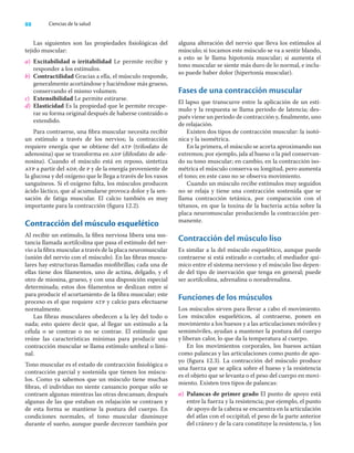88 Ciencias de la salud
Las siguientes son las propiedades ﬁsiológicas del
tejido muscular:
a) Excitabilidad o irritabilidad Le permite recibir y
responder a los estímulos.
b) Contractilidad Gracias a ella, el músculo responde,
generalmente acortándose y haciéndose más grueso,
conservando el mismo volumen.
c) Extensibilidad Le permite estirarse.
d) Elasticidad Es la propiedad que le permite recupe-
rar su forma original después de haberse contraído o
extendido.
Para contraerse, una ﬁbra muscular necesita recibir
un estímulo a través de los nervios; la contracción
requiere energía que se obtiene del atp (trifosfato de
adenosina) que se transforma en adp (difosfato de ade-
nosina). Cuando el músculo está en reposo, sintetiza
atp a partir del adp, de p y de la energía proveniente de
la glucosa y del oxígeno que le llega a través de los vasos
sanguíneos. Si el oxígeno falta, los músculos producen
ácido láctico, que al acumularse provoca dolor y la sen-
sación de fatiga muscular. El calcio también es muy
importante para la contracción (ﬁgura 12.2).
Contracción del músculo esquelético
Al recibir un estímulo, la ﬁbra nerviosa libera una sus-
tancia llamada acetilcolina que pasa el estímulo del ner-
vio a la ﬁbra muscular a través de la placa neuromuscular
(unión del nervio con el músculo). En las ﬁbras muscu-
lares hay estructuras llamadas mioﬁbrillas; cada una de
ellas tiene dos ﬁlamentos, uno de actina, delgado, y el
otro de miosina, grueso, y con una disposición especial
determinada; estos dos ﬁlamentos se deslizan entre sí
para producir el acortamiento de la ﬁbra muscular; este
proceso es el que requiere atp y calcio para efectuarse
normalmente.
Las ﬁbras musculares obedecen a la ley del todo o
nada; esto quiere decir que, al llegar un estímulo a la
célula o se contrae o no se contrae. El estímulo que
reúne las características mínimas para producir una
contracción muscular se llama estímulo umbral o limi-
nal.
Tono muscular es el estado de contracción ﬁsiológica o
contracción parcial y sostenida que tienen los múscu-
los. Como ya sabemos que un músculo tiene muchas
ﬁbras, el individuo no siente cansancio porque sólo se
contraen algunas mientras las otras descansan; después
algunas de las que estaban en relajación se contraen y
de esta forma se mantiene la postura del cuerpo. En
condiciones normales, el tono muscular disminuye
durante el sueño, aunque puede decrecer también por
alguna alteración del nervio que lleva los estímulos al
músculo; si tocamos este músculo se va a sentir blando,
a esto se le llama hipotonía muscular; si aumenta el
tono muscular se siente más duro de lo normal, e inclu-
so puede haber dolor (hipertonía muscular).
Fases de una contracción muscular
El lapso que transcurre entre la aplicación de un estí-
mulo y la respuesta se llama periodo de latencia; des-
pués viene un periodo de contracción y, ﬁnalmente, uno
de relajación.
Existen dos tipos de contracción muscular: la isotó-
nica y la isométrica.
En la primera, el músculo se acorta aproximando sus
extremos; por ejemplo, jala al hueso o la piel conservan-
do su tono muscular; en cambio, en la contracción iso-
métrica el músculo conserva su longitud, pero aumenta
el tono; en este caso no se observa movimiento.
Cuando un músculo recibe estímulos muy seguidos
no se relaja y tiene una contracción sostenida que se
llama contracción tetánica, por comparación con el
tétanos, en que la toxina de la bacteria actúa sobre la
placa neuromuscular produciendo la contracción per-
manente.
Contracción del músculo liso
Es similar a la del músculo esquelético, aunque puede
contraerse si está estirado o cortado; el mediador quí-
mico entre el sistema nervioso y el músculo liso depen-
de del tipo de inervación que tenga en general; puede
ser acetilcolina, adrenalina o noradrenalina.
Funciones de los músculos
Los músculos sirven para llevar a cabo el movimiento.
Los músculos esqueléticos, al contraerse, ponen en
movimiento a los huesos y a las articulaciones móviles y
semimóviles, ayudan a mantener la postura del cuerpo
y liberan calor, lo que da la temperatura al cuerpo.
En los movimientos corporales, los huesos actúan
como palancas y las articulaciones como punto de apo-
yo (ﬁgura 12.3). La contracción del músculo produce
una fuerza que se aplica sobre el hueso y la resistencia
es el objeto que se levanta o el peso del cuerpo en movi-
miento. Existen tres tipos de palancas:
a) Palancas de primer grado El punto de apoyo está
entre la fuerza y la resistencia; por ejemplo, el punto
de apoyo de la cabeza se encuentra en la articulación
del atlas con el occipital; el peso de la parte anterior
del cráneo y de la cara constituye la resistencia, y los
 