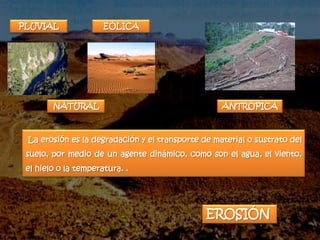 PLUVIAL               EÓLICA




        NATURAL                                    ANTRÓPICA



 La erosión es la degradación y el transporte de material o sustrato del
 suelo, por medio de un agente dinámico, como son el agua, el viento,
 el hielo o la temperatura. .




                                               EROSIÓN
 