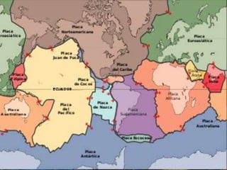 TECTÓNICA GLOBAL
     También explica la formación de las cadenas montañosas
 (orogénesis). Así mismo, da una explicación satisfactoria de por qué
 los terremotos y los volcanes se concentran en regiones concretas del
 planeta


           La teoría da una explicación a las placas tectónicas que forman la
      superficie de la Tierra y a los desplazamientos que se observan entre
      ellas en su movimiento sobre el manto terrestre fluido, sus direcciones
      e interacciones


 La tectónica es la especialidad de la geología que estudia las
estructuras geológicas producidas por deformación de la corteza
terrestre, las que las rocas adquieren después de haberse formado, así
como los procesos que las originan
 