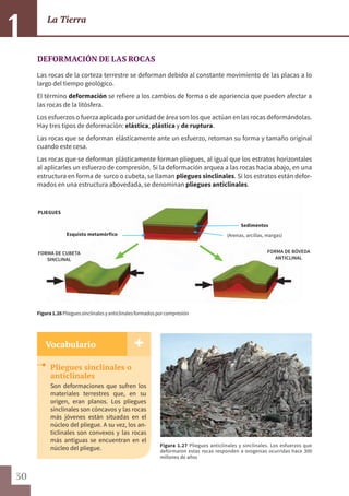 30
La Tierra
1
Vocabulario
DEFORMACIÓN DE LAS ROCAS
Las rocas de la corteza terrestre se deforman debido al constante movimiento de las placas a lo
largo del tiempo geológico.
El término deformación se refiere a los cambios de forma o de apariencia que pueden afectar a
las rocas de la litósfera.
Los esfuerzos o fuerza aplicada por unidad de área son los que actúan en las rocas deformándolas.
Hay tres tipos de deformación: elástica, plástica y de ruptura.
Las rocas que se deforman elásticamente ante un esfuerzo, retoman su forma y tamaño original
cuando este cesa.
Las rocas que se deforman plásticamente forman pliegues, al igual que los estratos horizontales
al aplicarles un esfuerzo de compresión. Si la deformación arquea a las rocas hacia abajo, en una
estructura en forma de surco o cubeta, se llaman pliegues sinclinales. Si los estratos están defor-
mados en una estructura abovedada, se denominan pliegues anticlinales.
Pliegues sinclinales o
anticlinales
Son deformaciones que sufren los
materiales terrestres que, en su
origen, eran planos. Los pliegues
sinclinales son cóncavos y las rocas
más jóvenes están situadas en el
núcleo del pliegue. A su vez, los an-
ticlinales son convexos y las rocas
más antiguas se encuentran en el
núcleo del pliegue.
Figura1.26Plieguessinclinalesyanticlinalesformadosporcompresión
Figura 1.27 Pliegues anticlinales y sinclinales. Los esfuerzos que
deformaron estas rocas responden a orogenias ocurridas hace 300
millones de años
Sedimentos
(Arenas, arcillas, margas)Esquisto metamórfico
PLIEGUES
FORMA DE CUBETA
SINCLINAL
FORMA DE BÓVEDA
ANTICLINAL
 