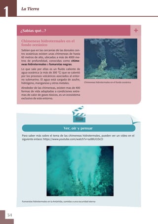 34
La Tierra
1
Ver, oír y pensar
¿Sabías qué...?
Chimeneas hidrotermales en el fondo oceánico
Chimeneas hidrotermales en el
fondo oceánico
Sabían que en las cercanías de las dorsales cen-
tro oceánicas existen unas chimeneas de hasta
60 metros de alto, ubicadas a más de 4000 me-
tros de profundidad, conocidas como chime-
neas hidrotermales o fumarolas negras.
Lo que sale por ellas es un fluido caliente de
agua oceánica (a más de 300 °C) que se calentó
por los procesos volcánicos asociados al entor-
no submarino. El agua está cargada de azufre,
hidrógeno, manganeso y otros metales.
Alrededor de las chimeneas, existen mas de 400
formas de vida adaptadas a condiciones extre-
mas de calor de gases tóxicos, es un ecosistema
exclusivo de este entorno.
Para saber más sobre el tema de las chimeneas hidrotermales, pueden ver un video en el
siguiente enlace: https://www.youtube.com/watch?v=sa98Ui1DcCI
Fumarolas hidrotermales en la Antártida, sumidas a una oscuridad eterna
 