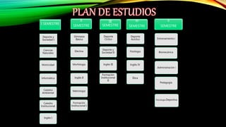 I SEMESTRE
Deporte y
Sociedad I
Ciencias
Naturales
Motricidad
Informática
Catedra
Ambiental
Catedra
Institucional
Inglés I
II
SEMESTRE
Gimnasia
Básica
Electiva
Morfología
Inglés II
Metrología
Formación
Institucional I
III
SEMESTRE
Deporte
Cíclico
Deporte y
Sociedad II
Ingles III
Formación
Institucional
II
IV
SEMESTRE
Deporte
Acíclico
Fisiología
Inglés IV
Ética
V
SEMESTRE
Entrenamiento I
Biomecánica
Administración I
Pedagogía
Psicología Deportiva
 