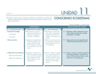 Objetivo                                                                                                        UNIDAD                         11
✓ Investigar y analizar algunos ecosistemas, representando y describiendo sus componentes,
  relaciones y adaptaciones para comprender y valorar su importancia y contribuir a su pro-    CONOCIENDO ECOSISTEMAS
  tección y conservación.

                                                                                                                            Tiempo probable: 14 horas clase
                                             CONTENIDOS                                                                  INDICADORES DE LOGRO
      CONCEPTUALES                        PROCEDIMENTALES                         ACTITUDINALES
■ Estudio de la Ecología.             ■ Representación, análisis e         ■ Seguridad en la representa-        11.1 Representa, analiza e interpreta con segu-
                                        interpretación del objeto de         ción, análisis e interpretación         ridad el objeto de estudio de la ecología,
   - Autoecología.                      estudio de la ecología, au-          del objeto de estudio de la             autoecología y sinecología.
   - Sinecología.                       toecología y sinecología.            ecología, autoecología y sine-
                                                                             cología.
■ Biomas terrestres.                  ■ Indagación, representación,        ■ Interés y curiosidad por inda-     11.2 Indaga, representa y ubica geográficamente
                                        ubicación geográfica y des-          gar, representar y describir los        y describe los principales biomas terrestres.
                                        cripción de los principales          biomas terrestres y marinos y
                                        biomas terrestres y marinos y        sus componentes.
                                        sus componentes: clima, flora
                                        y fauna.


■ Relaciones en los ecosistemas.      ■ Indagación, comparación y          ■ Esmero e interés en la indaga-     11.3 Indaga y compara con interés las relaciones
                                        relación entre especie, pobla-       ción, comparación y relación             entre especie, población, comunidad, eco-
   - Relaciones interespecíficas.       ción, comunidad, ecosistema,         entre especie, población, co-            sistema, hábitat, relaciones tróficas, cadena
   - Relaciones intraespecíficas.       hábitat, relaciones tróficas,        munidad, ecosistema, hábitat,            alimenticia y ciclo biogeoquímico.
                                        cadena alimenticia y ciclo           relaciones tróficas, cadena
                                        biogeoquímico.                       alimenticia y ciclo biogeo-
                                                                             químico.



                                                                                                                                                                             41
                                                                                                                                         Programa de estudio de primer año
 