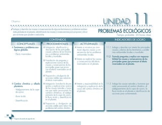 Objetivo


     ✓ Indagar y describir las causas y consecuencias de algunos fenómenos y problemas ambien-
                                                                                                                        UNIDAD                        11
       tales globales en el planeta, identificando las causas y consecuencias para proponer y divul-            PROBLEMAS ECOLÓGICOS
       gar acciones que ayuden a reducirlos.                                                                                        Tiempo probable: 20 horas clase
                                                    CONTENIDOS                                                                   INDICADORES DE LOGRO
            CONCEPTUALES                         PROCEDIMENTALES                          ACTITUDINALES
     ■ Fenómenos y problemas eco-            ■ Indagación, identificación y         ■ Interés e iniciativa por mini-    11.1 Indaga y describe con interés las principales
       lógicos globales.                       descripción de las principales         mizar algunas causas y con-            causas y efectos de los fenómenos y proble-
                                               causas y efectos de los fenóme-        secuencias de los problemas            mas ambientales locales o mundiales.
        - Efecto invernadero.                  nos y problemas ambientales            ambientales locales.
                                               locales y mundiales.                                                     11.2 Formula preguntas y explica con responsa-
                                                                                    ■ Interés en explicar las causas         bilidad las causas y consecuencias de los
                                             ■ Formulación de preguntas y             y consecuencias del efecto             principales gases que provocan el efecto
                                               explicaciones acerca de las
                                               causas y consecuencias de los          invernadero en el planeta.             invernadero en el planeta.
                                               principales gases que provo-
                                               can el efecto invernadero en el
                                               planeta.
                                             ■ Proposición y divulgación de
                                               acciones viables que reduzcan
                                               el efecto invernadero.
     ■ Cambio climático y albedo             ■ Indagación, formulación de pre-      ■ Interés y responsabilidad en la   11.3 Indaga las causas naturales y humanas que
       planetario.                             guntas y explicaciones acerca          indagación y explicación de la         están provocando el cambio climático, el
                                               de las causas naturales y huma-        causa del cambio climático en          adelgazamiento de la capa de ozono, la
       - Adelgazamiento de la capa             nas que están provocando los
         de ozono.                                                                    el planeta.                            lluvia ácida en el planeta e identificación de
                                               cambios climáticos, el adelga-                                                acciones para contrarrestarlo.
                                               zamiento de la capa de ozono,
        - Lluvia ácida.                        la lluvia ácida y desertificación
                                               en el planeta.
        - Desertificación.
                                             ■ Proposición y divulgación de
                                               acciones viables para reducir los
                                               problemas del cambio climático.


68
        Programa de estudio de segundo año
 