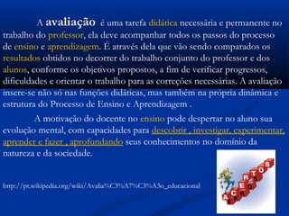 A avaliação  é uma tarefa didática necessária e permanente no
trabalho do professor, ela deve acompanhar todos os passos do processo
de ensino e aprendizagem. É através dela que vão sendo comparados os 
resultados obtidos no decorrer do trabalho conjunto do professor e dos 
alunos, conforme os objetivos propostos, a fim de verificar progressos,
dificuldades e orientar o trabalho para as correções necessárias. A avaliação
insere-se não só nas funções didáticas, mas também na própria dinâmica e
estrutura do Processo de Ensino e Aprendizagem .
A motivação do docente no ensino pode despertar no aluno sua
evolução mental, com capacidades para descobrir , investigar, experimentar,
aprender e fazer , aprofundando seus conhecimentos no domínio da
natureza e da sociedade.
http://pt.wikipedia.org/wiki/Avalia%C3%A7%C3%A3o_educacional
 