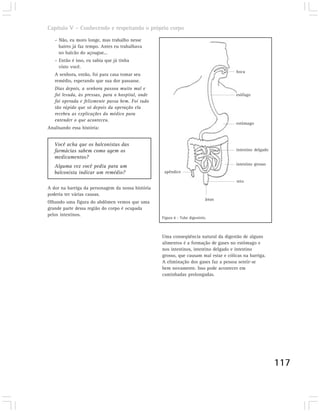 Capítulo V – Conhecendo e respeitando o próprio corpo

   – Não, eu moro longe, mas trabalho nesse
     bairro já faz tempo. Antes eu trabalhava
     no balcão do açougue...
   – Então é isso, eu sabia que já tinha
     visto você.
                                                                                      boca
   A senhora, então, foi para casa tomar seu
   remédio, esperando que sua dor passasse.
   Dias depois, a senhora passou muito mal e
   foi levada, às pressas, para o hospital, onde                                      esôfago
   foi operada e felizmente passa bem. Foi tudo
   tão rápido que só depois da operação ela
   recebeu as explicações do médico para
   entender o que aconteceu.
                                                                                      estômago
Analisando essa história:


   Você acha que os balconistas das
   farmácias sabem como agem os                                                       intestino delgado
   medicamentos?
                                                                                      intestino grosso
   Alguma vez você pediu para um
   balconista indicar um remédio?                   apêndice

                                                                                      reto
A dor na barriga da personagem da nossa história
poderia ter várias causas.
                                                                             ânus
Olhando uma figura do abdômen vemos que uma
grande parte dessa região do corpo é ocupada
pelos intestinos.
                                                   Figura 6 - Tubo digestório.



                                                   Uma conseqüência natural da digestão de alguns
                                                   alimentos é a formação de gases no estômago e
                                                   nos intestinos, intestino delgado e intestino
                                                   grosso, que causam mal estar e cólicas na barriga.
                                                   A eliminação dos gases faz a pessoa sentir-se
                                                   bem novamente. Isso pode acontecer em
                                                   caminhadas prolongadas.




                                                                                                          117
 
