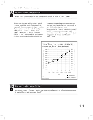 Capítulo IX – Recursos da natureza

     Desenvolvendo competências
3    Quanto subiu a concentração de gás carbônico de 1950 a 1970? E de 1980 a 2000?



    A concentração de gás carbônico no ar é medida                                        carbônico correspondia a 320 gramas para cada
    em partes por milhão (ppm). Um ppm equivale a                                         tonelada de ar. Agora, observe a concentração no
    1 grama de determinado gás em relação a 1 milhão                                      ano de 2000. Parece pouco, não é?
    de gramas de ar ou uma tonelada de ar (1kg =                                          Mas, ao observar o Gráfico 3, podemos comparar
    1.000 gramas; 1 tonelada = 1.000kg. Assim,                                            melhor a variação da concentração de gás
    1.000 x 1.000 é igual a 1 milhão). Observe o                                          carbônico na atmosfera em relação à variação da
    Gráfico 2 e veja a concentração de gás carbônico                                      temperatura do planeta ocorridas entre
    em 1960. Nesse ano, a quantidade média de gás                                         1950 e 2000.




                                                  VARIAÇÃO DA TEMPERATURA EM RELAÇÃO À
                                                  CONCENTRAÇÃO DE GÁS CARBÔNICO
                                                                                   14.5                                          380




                                                                                                                                       CONCENTRAÇÃO DE GÁS CARBÔNICO (ppm)
                                                  TEMPERATURA MÉDIA MUNDIAL (ºC)




                                                                                   14.4                                          370
                                                                                   14.3                                          360
                                                                                   14.2                                          350
                                                                                   14.1                                          340
                                                                                   14.0                                          330
                                                                                   13.9                                          320
                                                                                   13.8                                          310
                                                                                   13.7                                          300
                                                                                   13.6                                          290
                                                                                   13.5                                          280
                                                                                          1950   1960   1970   1980   1990   2000

                                                                                                            ANO
                                                                                                                             Temperatura
                                                Gráfico 3
                                                Earth Policy Institute                                                       Gás Carbônico




     Desenvolvendo competências
4    Observando apenas o Gráfico 3, qual a conclusão que podemos ter em relação à concentração
     de gás carbônico e a temperatura global?




                                                                                                                                                                             219
 