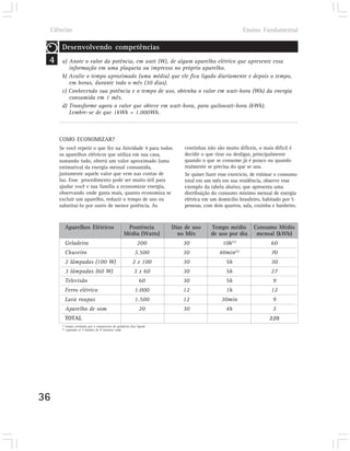 Ciências                                                                                             Ensino Fundamental

         Desenvolvendo competências
 4       a) Anote o valor da potência, em watt (W), de algum aparelho elétrico que apresente essa
            informação em uma plaqueta ou impresso no próprio aparelho.
         b) Avalie o tempo aproximado (uma média) que ele fica ligado diariamente e depois o tempo,
            em horas, durante todo o mês (30 dias).
         c) Conhecendo sua potência e o tempo de uso, obtenha o valor em watt-hora (Wh) da energia
            consumida em 1 mês.
         d) Transforme agora o valor que obteve em watt-hora, para quilowatt-hora (kWh).
            Lembre-se de que 1kWh = 1.000Wh.



        COMO ECONOMIZAR?
        Se você repetir o que fez na Atividade 4 para todos                 continhas não são muito difíceis, o mais difícil é
        os aparelhos elétricos que utiliza em sua casa,                     decidir o que tirar ou desligar, principalmente
        somando tudo, obterá um valor aproximado (uma                       quando o que se consome já é pouco ou quando
        estimativa) da energia mensal consumida,                            realmente se precisa do que se usa.
        justamente aquele valor que vem nas contas de                       Se quiser fazer esse exercício, de estimar o consumo
        luz. Esse procedimento pode ser muito útil para                     total em um mês em sua residência, observe esse
        ajudar você e sua família a economizar energia,                     exemplo da tabela abaixo, que apresenta uma
        observando onde gasta mais, quanto economiza se                     distribuição do consumo mínimo mensal de energia
        excluir um aparelho, reduzir o tempo de uso ou                      elétrica em um domicílio brasileiro, habitado por 5
        substituí-lo por outro de menor potência. As                        pessoas, com dois quartos, sala, cozinha e banheiro.



               Aparelhos Elétricos                    Pontência         Dias de uso     Tempo médio          Consumo Médio
                                                     Média (Watts)        no Mês        de uso por dia        mensal (kWh)
               Geladeira                                       200          30               10h(1)                 60
                                                                                                    (2)
               Chuveiro                                      3.500          30             40min                    70
               2 lâmpadas (100 W)                          2 x 100          30                 5h                   30
               3 lâmpadas (60 W)                            3 x 60          30                 5h                   27
               Televisão                                        60          30                 5h                   9
               Ferro elétrico                                1.000          12                 1h                   12
               Lava roupas                                   1.500          12              30min                   9
               Aparelho de som                                  20          30                 4h                   3
               TOTAL                                                                                               220
         (1)
             tempo estimado que o compressor da geladeira fica ligado
         (2)
             supondo-se 5 banhos de 8 minutos cada




36
 