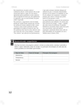 Ciências                                                                        Ensino Fundamental

        Nas termoelétricas, em geral, usam-se               e que pode continuar emitindo radiação até
        combustíveis fósseis: carvão mineral, óleo ou gás   milhares de anos. A chamada radioatividade,
        natural para aquecer a água. Por esse motivo,       presente no lixo atômico ou espalhada no caso
        apresentam graves problemas no meio ambiente,       de um acidente com vazamento, é altamente
        além de depender de fontes que vêm rapidamente      perigosa, gera câncer e doenças que podem
        se esgotando e que, no caso do Brasil, boa parte    passar de uma geração a outra.
        ainda é importada.                                  As usinas hidrelétricas, apesar de não produzirem
        Nas nucleares, o aquecimento vem da energia         gases poluentes nem radiações e de usarem uma
        gerada por reações (fissão nuclear) que ocorrem     fonte renovável de energia – a água –, também
        nos núcleos de átomos radioativos (daí o nome       não estão isentas de problemas. As grandes
        “nuclear”). Essas reações produzem elevadas         hidrelétricas necessitam alagar vastas áreas para
        quantidades de energia na forma de calor. Um        seus reservatórios, tendo que deslocar
        dos problemas desse tipo de usina, além do custo    populações e plantações dessas áreas, além de
        que é bem alto, são os seus resíduos, o chamado     gerar dificuldades nas navegações nos rios e
        “lixo atômico” que sobra do seu funcionamento,      também danos à fauna e flora.




         Desenvolvendo competências
 16      Com base no texto e em pesquisa a jornais, revistas ou outros meios, construa e preencha a
         tabela a seguir, indicando a fonte de energia e as principais desvantagens de cada uma das
         usinas geradoras de eletricidade apresentadas.


           Tipo de Usina            Fonte de Energia        Principais Desvantagens
           Hidrelétrica
           Termoelétrica
           Nuclear




52
 