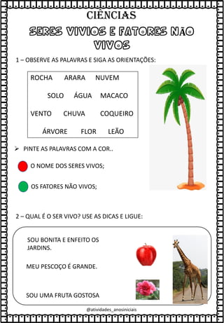 SERES VIVIOS E FATORES NÃO
VIVOS
1 – OBSERVE AS PALAVRAS E SIGA AS ORIENTAÇÕES:
ROCHA ARARA NUVEM
SOLO ÁGUA MACACO
VENTO CHUVA COQUEIRO
ÁRVORE FLOR LEÃO
➢ PINTE AS PALAVRAS COM A COR..
O NOME DOS SERES VIVOS;
OS FATORES NÃO VIVOS;
2 – QUAL É O SER VIVO? USE AS DICAS E LIGUE:
SOU BONITA E ENFEITO OS
JARDINS.
MEU PESCOÇO É GRANDE.
SOU UMA FRUTA GOSTOSA
@atividades_anosiniciais
Ciências
 