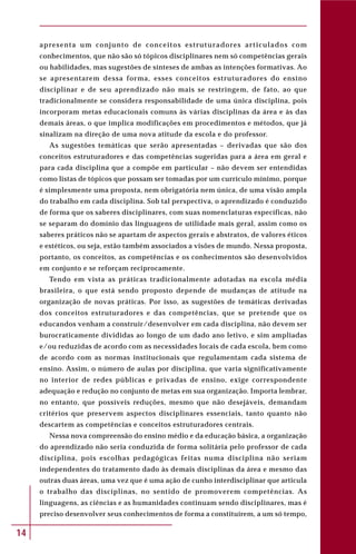 14
apresenta um conjunto de conceitos estruturadores articulados com
conhecimentos, que não são só tópicos disciplinares nem só competências gerais
ou habilidades, mas sugestões de sínteses de ambas as intenções formativas. Ao
se apresentarem dessa forma, esses conceitos estruturadores do ensino
disciplinar e de seu aprendizado não mais se restringem, de fato, ao que
tradicionalmente se considera responsabilidade de uma única disciplina, pois
incorporam metas educacionais comuns às várias disciplinas da área e às das
demais áreas, o que implica modificações em procedimentos e métodos, que já
sinalizam na direção de uma nova atitude da escola e do professor.
As sugestões temáticas que serão apresentadas – derivadas que são dos
conceitos estruturadores e das competências sugeridas para a área em geral e
para cada disciplina que a compõe em particular – não devem ser entendidas
como listas de tópicos que possam ser tomadas por um currículo mínimo, porque
é simplesmente uma proposta, nem obrigatória nem única, de uma visão ampla
do trabalho em cada disciplina. Sob tal perspectiva, o aprendizado é conduzido
de forma que os saberes disciplinares, com suas nomenclaturas específicas, não
se separam do domínio das linguagens de utilidade mais geral, assim como os
saberes práticos não se apartam de aspectos gerais e abstratos, de valores éticos
e estéticos, ou seja, estão também associados a visões de mundo. Nessa proposta,
portanto, os conceitos, as competências e os conhecimentos são desenvolvidos
em conjunto e se reforçam reciprocamente.
Tendo em vista as práticas tradicionalmente adotadas na escola média
brasileira, o que está sendo proposto depende de mudanças de atitude na
organização de novas práticas. Por isso, as sugestões de temáticas derivadas
dos conceitos estruturadores e das competências, que se pretende que os
educandos venham a construir/desenvolver em cada disciplina, não devem ser
burocraticamente divididas ao longo de um dado ano letivo, e sim ampliadas
e/ou reduzidas de acordo com as necessidades locais de cada escola, bem como
de acordo com as normas institucionais que regulamentam cada sistema de
ensino. Assim, o número de aulas por disciplina, que varia significativamente
no interior de redes públicas e privadas de ensino, exige correspondente
adequação e redução no conjunto de metas em sua organização. Importa lembrar,
no entanto, que possíveis reduções, mesmo que não desejáveis, demandam
critérios que preservem aspectos disciplinares essenciais, tanto quanto não
descartem as competências e conceitos estruturadores centrais.
Nessa nova compreensão do ensino médio e da educação básica, a organização
do aprendizado não seria conduzida de forma solitária pelo professor de cada
disciplina, pois escolhas pedagógicas feitas numa disciplina não seriam
independentes do tratamento dado às demais disciplinas da área e mesmo das
outras duas áreas, uma vez que é uma ação de cunho interdisciplinar que articula
o trabalho das disciplinas, no sentido de promoverem competências. As
linguagens, as ciências e as humanidades continuam sendo disciplinares, mas é
preciso desenvolver seus conhecimentos de forma a constituírem, a um só tempo,
 