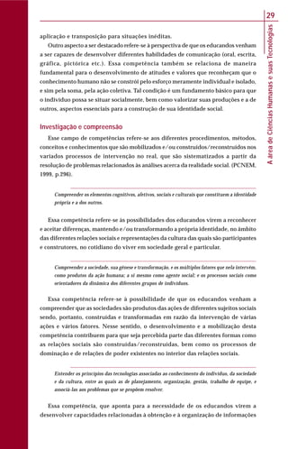 AáreadeCiênciasHumanasesuasTecnologias
29
aplicação e transposição para situações inéditas.
Outro aspecto a ser destacado refere-se à perspectiva de que os educandos venham
a ser capazes de desenvolver diferentes habilidades de comunicação (oral, escrita,
gráfica, pictórica etc.). Essa competência também se relaciona de maneira
fundamental para o desenvolvimento de atitudes e valores que reconheçam que o
conhecimento humano não se constrói pelo esforço meramente individual e isolado,
e sim pela soma, pela ação coletiva. Tal condição é um fundamento básico para que
o indivíduo possa se situar socialmente, bem como valorizar suas produções e a de
outros, aspectos essenciais para a construção de sua identidade social.
Investigação e compreensão
Esse campo de competências refere-se aos diferentes procedimentos, métodos,
conceitos e conhecimentos que são mobilizados e/ou construídos/reconstruídos nos
variados processos de intervenção no real, que são sistematizados a partir da
resolução de problemas relacionados às análises acerca da realidade social. (PCNEM,
1999, p.296).
Compreender os elementos cognitivos, afetivos, sociais e culturais que constituem a identidade
própria e a dos outros.
Essa competência refere-se às possibilidades dos educandos virem a reconhecer
e aceitar diferenças, mantendo e/ou transformando a própria identidade, no âmbito
das diferentes relações sociais e representações da cultura das quais são participantes
e construtores, no cotidiano do viver em sociedade geral e particular.
Compreender a sociedade, sua gênese e transformação, e os múltiplos fatores que nela intervêm,
como produtos da ação humana; a si mesmo como agente social; e os processos sociais como
orientadores da dinâmica dos diferentes grupos de indivíduos.
Essa competência refere-se à possibilidade de que os educandos venham a
compreender que as sociedades são produtos das ações de diferentes sujeitos sociais
sendo, portanto, construídas e transformadas em razão da intervenção de várias
ações e vários fatores. Nesse sentido, o desenvolvimento e a mobilização desta
competência contribuem para que seja percebida parte das diferentes formas como
as relações sociais são construídas/reconstruídas, bem como os processos de
dominação e de relações de poder existentes no interior das relações sociais.
Entender os princípios das tecnologias associadas ao conhecimento do indivíduo, da sociedade
e da cultura, entre as quais as de planejamento, organização, gestão, trabalho de equipe, e
associá-las aos problemas que se propõem resolver.
Essa competência, que aponta para a necessidade de os educandos virem a
desenvolver capacidades relacionadas à obtenção e à organização de informações
 