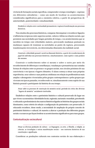 História
75
vivência de formações sociais específicas, compreender o tempo cronológico – expresso
em diferentes calendários – como um modo de localizar os acontecimentos
considerados significativos para a memória coletiva, a partir de perspectivas de
anterioridade, posterioridade e simultaneidade.
Estabelecer relações entre continuidade/permanência e ruptura/transformação nos processos
históricos.
Nos estudos dos processos históricos, comparar, hierarquizar e reconhecer ligações
e influências recíprocas entre aspectos sociais, valores e idéias ou relações sociais, que
persistem nas sociedades por longos períodos de tempo, e os acontecimentos que se
sucedem no tempo com velocidades maiores, provocando mudanças pontuais ou
mudanças capazes de tensionar as sociedades ao ponto da ruptura, provocando
transformações irreversíveis, em determinadas dimensões da realidade social.
Construir a identidade pessoal e social na dimensão histórica, a partir do reconhecimento do
papel do indivíduo nos processos históricos, simultaneamente, como sujeito e como produto
dos mesmos.
Construir o conhecimento sobre si mesmo e sobre o outro por meio do
reconhecimento de diferenças e semelhanças, e mudanças e permanências nas variadas
formas de relações entre as pessoas e os grupos sociais, nos círculos próximos de sua
convivência e em épocas e lugares distantes. O aluno começa a situar suas próprias
experiências, seus valores e suas práticas cotidianas em relação às problemáticas mais
amplas e abrangentes vivenciadas pelos grupos contemporâneos e pelos grupos que
viveram em épocas passadas, reconhecendo-se, simultaneamente como sujeito de sua
história pessoal e participante da história do seu tempo.
Atuar sobre os processos de construção da memória social, partindo da crítica dos diversos
“lugares de memória” socialmente instituídos.
Estabelecer relações entre o patrimônio histórico e cultural preservado do lugar em
que vivem e as memórias e identidades locais, regionais, nacionais e mundiais, percebendo
e criticando a predominância dos marcos históricos ligados às histórias dos grupos sociais
dominantes, como critério de seleção e configuração do patrimônio a ser preservado. O
educando reconhece, desse modo, a necessidade de ampliação do próprio conceito de
patrimônio histórico e cultural, de maneira a abarcar a produção dos diferentes grupos
sociais e os marcos que façam lembrar os acontecimentos significativos para esses grupos.
Contextualização sociocultural
Situar as diversas produções da cultura – as linguagens, as artes, a filosofia, a religião, as
ciências, as tecnologias e outras manifestações sociais – nos contextos históricos de sua
constituição e significação.
Considerar as produções culturais nos contextos sociais de sua elaboração e
 