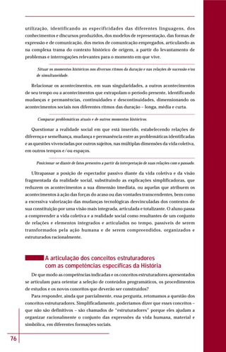 76
utilização, identificando as especificidades das diferentes linguagens, dos
conhecimentos e discursos produzidos, dos modelos de representação, das formas de
expressão e de comunicação, dos meios de comunicação empregados, articulando-as
na complexa trama do contexto histórico de origem, a partir do levantamento de
problemas e interrogações relevantes para o momento em que vive.
Situar os momentos históricos nos diversos ritmos da duração e nas relações de sucessão e/ou
de simultaneidade.
Relacionar os acontecimentos, em suas singularidades, a outros acontecimentos
de seu tempo ou a acontecimentos que extrapolam o período presente, identificando
mudanças e permanências, continuidades e descontinuidades, dimensionando os
acontecimentos sociais nos diferentes ritmos das duração – longa, média e curta.
Comparar problemáticas atuais e de outros momentos históricos.
Questionar a realidade social em que está inserido, estabelecendo relações de
diferença e semelhança, mudança e permanência entre as problemáticas identificadas
e as questões vivenciadas por outros sujeitos, nas múltiplas dimensões da vida coletiva,
em outros tempos e/ou espaços.
Posicionar-se diante de fatos presentes a partir da interpretação de suas relações com o passado.
Ultrapassar a posição de espectador passivo diante da vida coletiva e da visão
fragmentada da realidade social, substituindo as explicações simplificadoras, que
reduzem os acontecimentos a sua dimensão imediata, ou aquelas que atribuem os
acontecimentos à ação das forças do acaso ou das vontades transcendentes, bem como
a excessiva valorização das mudanças tecnológicas desvinculadas dos contextos de
sua constituição por uma visão mais integrada, articulada e totalizante. O aluno passa
a compreender a vida coletiva e a realidade social como resultantes de um conjunto
de relações e elementos integrados e articulados no tempo, passíveis de serem
transformados pela ação humana e de serem compreendidos, organizados e
estruturados racionalmente.
A articulação dos conceitos estruturadores
com as competências específicas da História
De que modo as competências indicadas e os conceitos estruturadores apresentados
se articulam para orientar a seleção de conteúdos programáticos, os procedimentos
de estudos e os novos conceitos que deverão ser construídos?
Para responder, ainda que parcialmente, essa pergunta, retomamos a questão dos
conceitos estruturadores. Simplificadamente, poderíamos dizer que esses conceitos –
que não são definitivos – são chamados de “estruturadores” porque eles ajudam a
organizar racionalmente o conjunto das expressões da vida humana, material e
simbólica, em diferentes formações sociais.
 