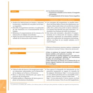 Subtema                                                       4.2. Los efectos de los imanes
                                                                        • Experiencias alrededor de los imanes. El magnetis-
                                                                           mo terrestre.
                                                                        • El comportamiento de los imanes. Fuerza magnética.


                     Aprendizajes esperados                                Comentarios y sugerencias didácticas
      • Analiza las interacciones en imanes y relaciona            • Los conceptos del magnetismo se pueden intro-
        la atracción y repulsión de sus polos con la fuer-           ducir de forma lúdica a través de experiencias con
        za magnética.                                                imanes, observando cómo es la acción de un imán
      • Describe el magnetismo terrestre y la aplicación             sobre otro y cómo esta acción se ejerce a distancia.
        de este fenómeno en el funcionamiento de la                  Los imanes han ejercido una gran atracción y cu-
        brújula.                                                     riosidad al ser humano de todos los tiempos.
      • Relaciona el comportamiento de los imanes y la             • Este tema está orientado a descubrir el compor-
        interacción con objetos circundantes.                        tamiento de la interacción de imanes y objetos
      • Aplica las leyes de Newton para describir el re-             imantados; representa un antecedente indispen-
        sultado de la interacción entre imanes.                      sable en la explicación de fenómenos electromag-
                                                                     néticos, con base en un modelo atómico, en el
                                                                     cuarto bloque.


                                                                    5. proyecto: investiGar: imaGinar, diseñar y experimentar
       Integración y aplicación                                     para expLicar o innovar* (temas y preGuntas opcionaLes)


                                                                    ¿Cómo se producen las mareas? (ámbitos: del conoci-
       Sugerencias
                                                                    miento científico y del ambiente y la salud).
                                                                    ¿Qué materiales se pueden magnetizar y qué aplicacio-
                                                                    nes tiene esta propiedad? (ámbitos: del conocimiento
                                                                    científico, de la tecnología y de la vida).
                                                                    ¿Cómo intervienen las fuerzas en la construcción de un
                                                                    puente colgante? (ámbitos: del conocimiento científico y
                                                                    de la tecnología).

                     Aprendizajes esperados                                Comentarios y sugerencias didácticas
      • Utiliza la idea de fuerza y de energía para expli-         • Para apoyar la búsqueda de información en los
        car situaciones relacionadas con la interacción              proyectos propuestos se sugiere la consulta de
        de los objetos en la Tierra y el Universo.                   las páginas electrónicas http://www.cnice.mecd.
      • Busca y selecciona información que apoye su                  es/eos/MaterialesEducativos/mem2000/astro-
        proyecto de investigación.                                   nomia/chicos/basicas/mareas/index.html          y




2
      • Emplea gráficas y diagramas de fuerza para ex-               http://www.educared.cl/tierra_marea_ini.htm
        plicar los fenómenos estudiados.                             acerca de las mareas. Para el caso del magnetismo,


     * La referencia al ámbito del cambio y las interacciones se omite por estar presente en todas las sugerencias de proyectos.

90
 
