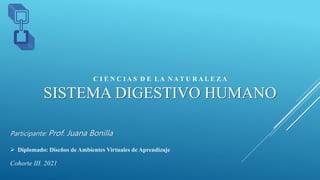C I E N C I A S D E LA N A T U R A L E Z A
SISTEMA DIGESTIVO HUMANO
 Diplomado: Diseños de Ambientes Virtuales de Aprendizaje
Participante: Prof. Juana Bonilla
Cohorte III. 2021
 