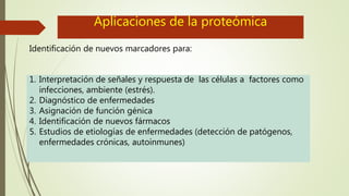 Aplicaciones de la proteómica
Identificación de nuevos marcadores para:
1. Interpretación de señales y respuesta de las células a factores como
infecciones, ambiente (estrés).
2. Diagnóstico de enfermedades
3. Asignación de función génica
4. Identificación de nuevos fármacos
5. Estudios de etiologías de enfermedades (detección de patógenos,
enfermedades crónicas, autoinmunes)
 