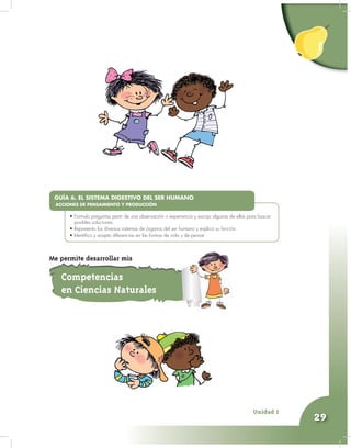 Unidad 2
29
•
• Formulo preguntas partir de una observación o experiencia y escojo algunas de ellas para buscar
posibles soluciones.
• Represento los diversos sistemas de órganos del ser humano y explico su función.
• Identifico y acepto diferencias en las formas de vida y de pensar.
GUÍA 6. EL SISTEMA DIGESTIVO DEL SER HUMANO
ACCIONES DE PENSAMIENTO Y PRODUCCIÓN
Competencias
en Ciencias Naturales
Me permite desarrollar mis
 
