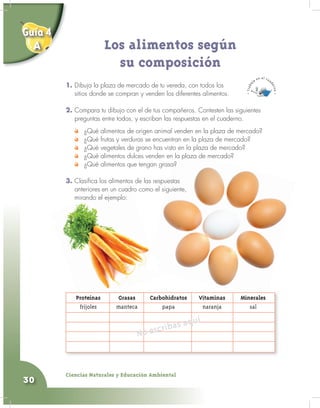 Ciencias Naturales y Educación Ambiental
30
Guía 4
A Los alimentos según
su composición
1. Dibuja la plaza de mercado de tu vereda, con todos los
sitios donde se compran y venden los diferentes alimentos.
2. Compara tu dibujo con el de tus compañeros. Contesten las siguientes
preguntas entre todos, y escriban las respuestas en el cuaderno.
¿Qué alimentos de origen animal venden en la plaza de mercado?
¿Qué frutas y verduras se encuentran en la plaza de mercado?
¿Qué vegetales de grano has visto en la plaza de mercado?
¿Qué alimentos dulces venden en la plaza de mercado?
¿Qué alimentos que tengan grasa?
3. Clasifica los alimentos de las respuestas
anteriores en un cuadro como el siguiente,
mirando el ejemplo:
Proteínas Grasas Carbohidratos Vitaminas Minerales
fríjoles manteca papa naranja sal
No escribas aquí
 