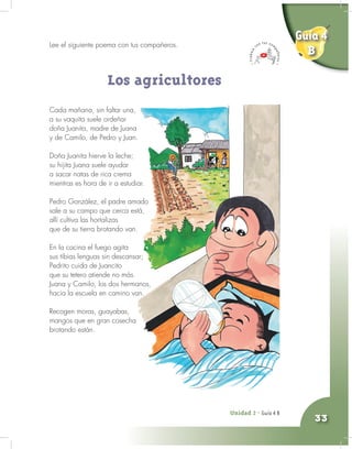 Unidad 2 - Guía 4 A
33
Unidad 2 - Guía 4 B
Lee el siguiente poema con tus compañeros.
Los agricultores
Cada mañana, sin faltar una,
a su vaquita suele ordeñar
doña Juanita, madre de Juana
y de Camilo, de Pedro y Juan.
Doña Juanita hierve la leche;
su hijita Juana suele ayudar
a sacar natas de rica crema
mientras es hora de ir a estudiar.
Pedro González, el padre amado
sale a su campo que cerca está,
allí cultiva las hortalizas
que de su tierra brotando van.
En la cocina el fuego agita
sus tibias lenguas sin descansar;
Pedrito cuida de Juancito
que su tetero atiende no más.
Juana y Camilo, los dos hermanos,
hacia la escuela en camino van.
Recogen moras, guayabas,
mangos que en gran cosecha
brotando están.
Guía 4
B
 