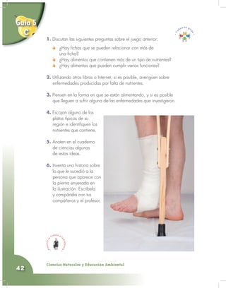 Ciencias Naturales y Educación Ambiental
42
1. Discutan las siguientes preguntas sobre el juego anterior:
¿Hay fichas que se pueden relacionar con más de
una ficha?
¿Hay alimentos que contienen más de un tipo de nutrientes?
¿Hay alimentos que pueden cumplir varias funciones?
2. Utilizando otros libros o Internet, si es posible, averigüen sobre
enfermedades producidas por falta de nutrientes.
3. Piensen en la forma en que se están alimentando, y si es posible
que lleguen a sufrir alguna de las enfermedades que investigaron.
4. Escojan alguno de los
platos típicos de su
región e identifiquen los
nutrientes que contiene.
5. Anoten en el cuaderno
de ciencias algunas
de estas ideas.
6. Inventa una historia sobre
lo que le sucedió a la
persona que aparece con
la pierna enyesada en
la ilustración. Escríbela
y compártela con tus
compañeros y el profesor.
1
Guía 5
C
 