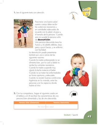 Unidad 2 - Guía 4 A
43
1. Lee el siguiente texto con atención:
Unidad 2 - Guía 5 D
Para tener una buena salud
nuestro cuerpo debe recibir
las sustancias necesarias y
en cantidades adecuadas de
acuerdo con la edad, el peso y
el tamaño de la persona. Cuando
esto no sucede la persona sufre
de desnutrición.
Una persona desnutrida tiene los
huesos y el cabello débiles, bajo
peso y poca fuerza, y se enferma
con facilidad.
La desnutrición puede presentarse
también por una o varias de las
siguientes razones:
Cuando la madre embarazada no se
alimenta bien, por lo cual su bebé no
recibe los nutrientes necesarios.
Cuando la madre suspende muy
rápido la leche materna al bebé.
Cuando no se tratan las enfermedades
en forma oportuna y adecuada.
Cuando no existen buenas condiciones
higiénicas en la vivienda, entre las
personas y en los espacios donde
habita el niño.
2. Con tus compañeros, hagan el siguiente cuadro en
el tablero y en él escriban las características de una
persona bien alimentada y las de otra desnutrida.
Persona bien alimentada Persona desnutrida
No escribas aquí
Guía 5
D
 