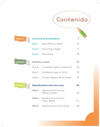 Unidad 1- Guía 1 A
5
Unidad 1 Los reinos de la naturaleza 7
Guía 1. Reinos Mónera y Protista 10
Guía 2. Reinos Fungi y Vegetal 15
Guía 3. Reino Animal 20
Unidad 2 Nutrición y salud 27
Guía 4. Los alimentos según su composición 30
Guía 5. Los alimentos según su función 38
Guía 6. El sistema digestivo del ser humano 45
Unidad 3 Reproducción en los seres vivos 53
Guía 7. Reproducción en los reinos
Mónera y Protista 56
Guía 8. Reproducción en los reinos
Fungi y Vegetal 61
Guía 9. Reproducción en el reino Animal 68
 