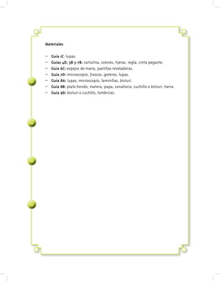 Materiales
– Guía 1C: lupas.
– Guías 4D, 5B y 7B: cartulina, colores, tijeras, regla, cinta pegante.
– Guía 6C: espejos de mano, pastillas reveladoras.
– Guía 7D: microscopio, frascos, goteros, lupas.
– Guía 8A: lupas, microscopio, laminillas, bisturí.
– Guía 8B: plato hondo, matera, papa, zanahoria, cuchillo o bisturí, tierra.
– Guía 9D: bisturí o cuchillo, lombrices.
 