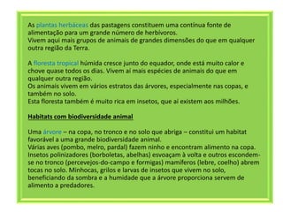 As plantas herbáceas das pastagens constituem uma contínua fonte de
alimentação para um grande número de herbívoros.
Vivem aqui mais grupos de animais de grandes dimensões do que em qualquer
outra região da Terra.
A floresta tropical húmida cresce junto do equador, onde está muito calor e
chove quase todos os dias. Vivem aí mais espécies de animais do que em
qualquer outra região.
Os animais vivem em vários estratos das árvores, especialmente nas copas, e
também no solo.
Esta floresta também é muito rica em insetos, que aí existem aos milhões.
Habitats com biodiversidade animal
Uma árvore – na copa, no tronco e no solo que abriga – constitui um habitat
favorável a uma grande biodiversidade animal.
Várias aves (pombo, melro, pardal) fazem ninho e encontram alimento na copa.
Insetos polinizadores (borboletas, abelhas) esvoaçam à volta e outros escondem-
se no tronco (percevejos-do-campo e formigas) mamíferos (lebre, coelho) abrem
tocas no solo. Minhocas, grilos e larvas de insetos que vivem no solo,
beneficiando da sombra e a humidade que a árvore proporciona servem de
alimento a predadores.
 
